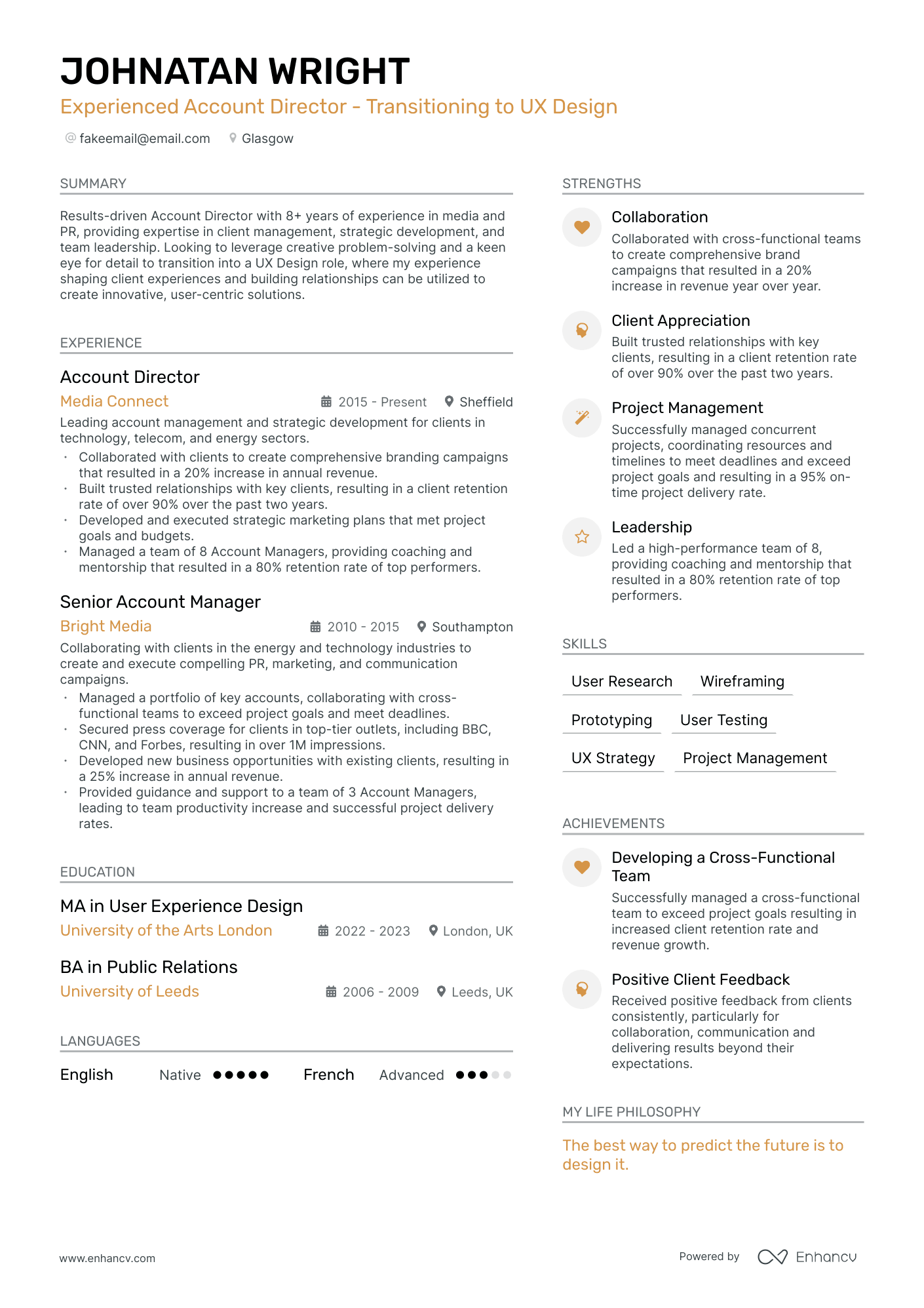Experienced Account Director   Transitioning to UX Design CV example