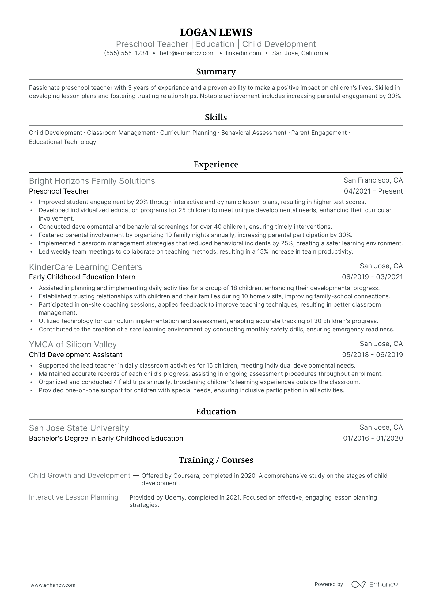 Head Start Preschool Teacher resume example