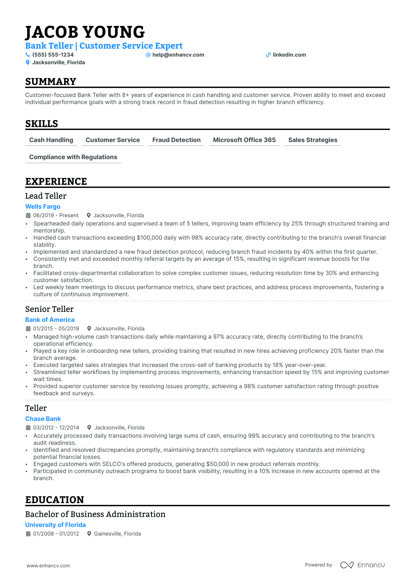 Junior Bank Teller resume example