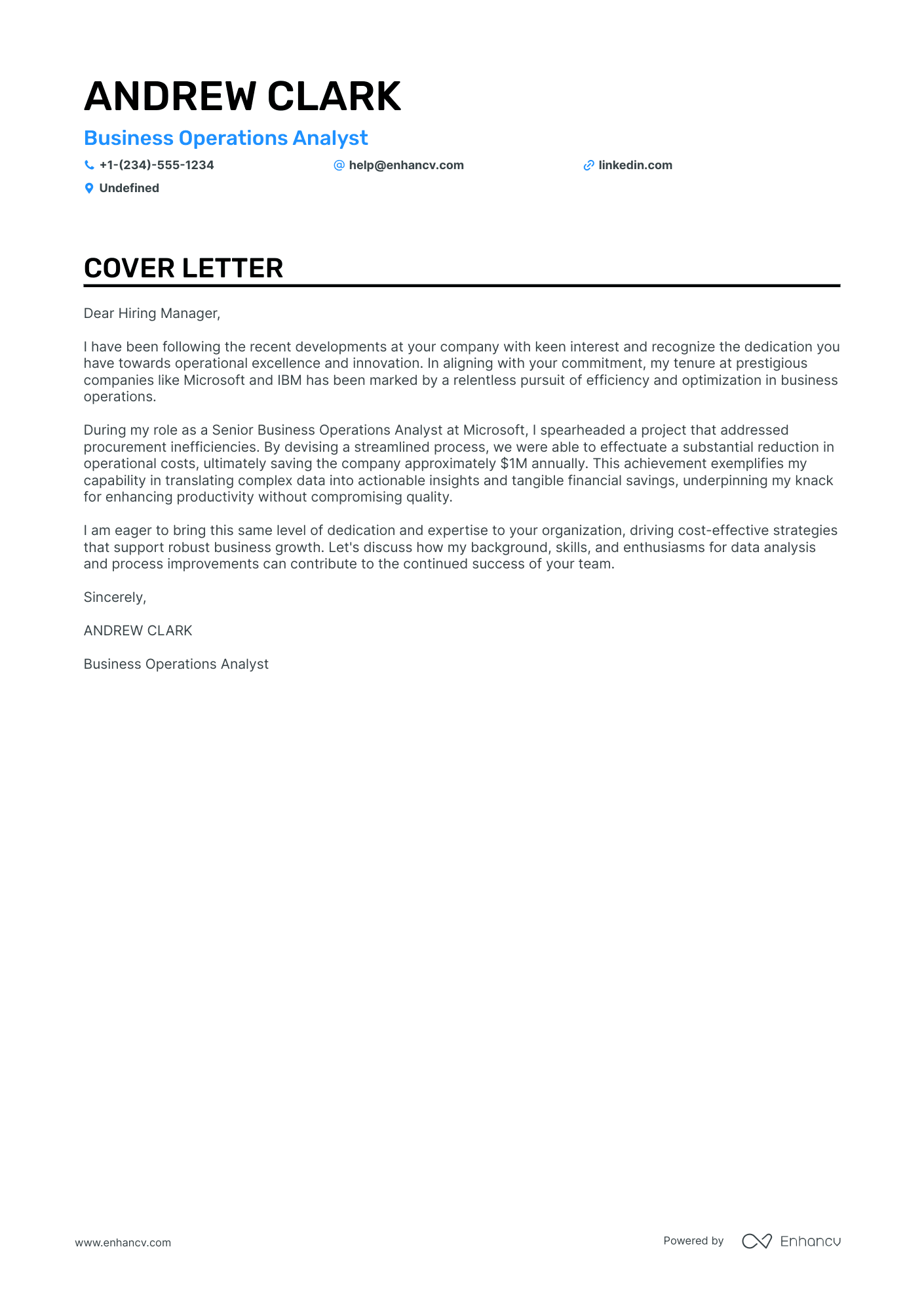 Business Operations Analyst cover letter