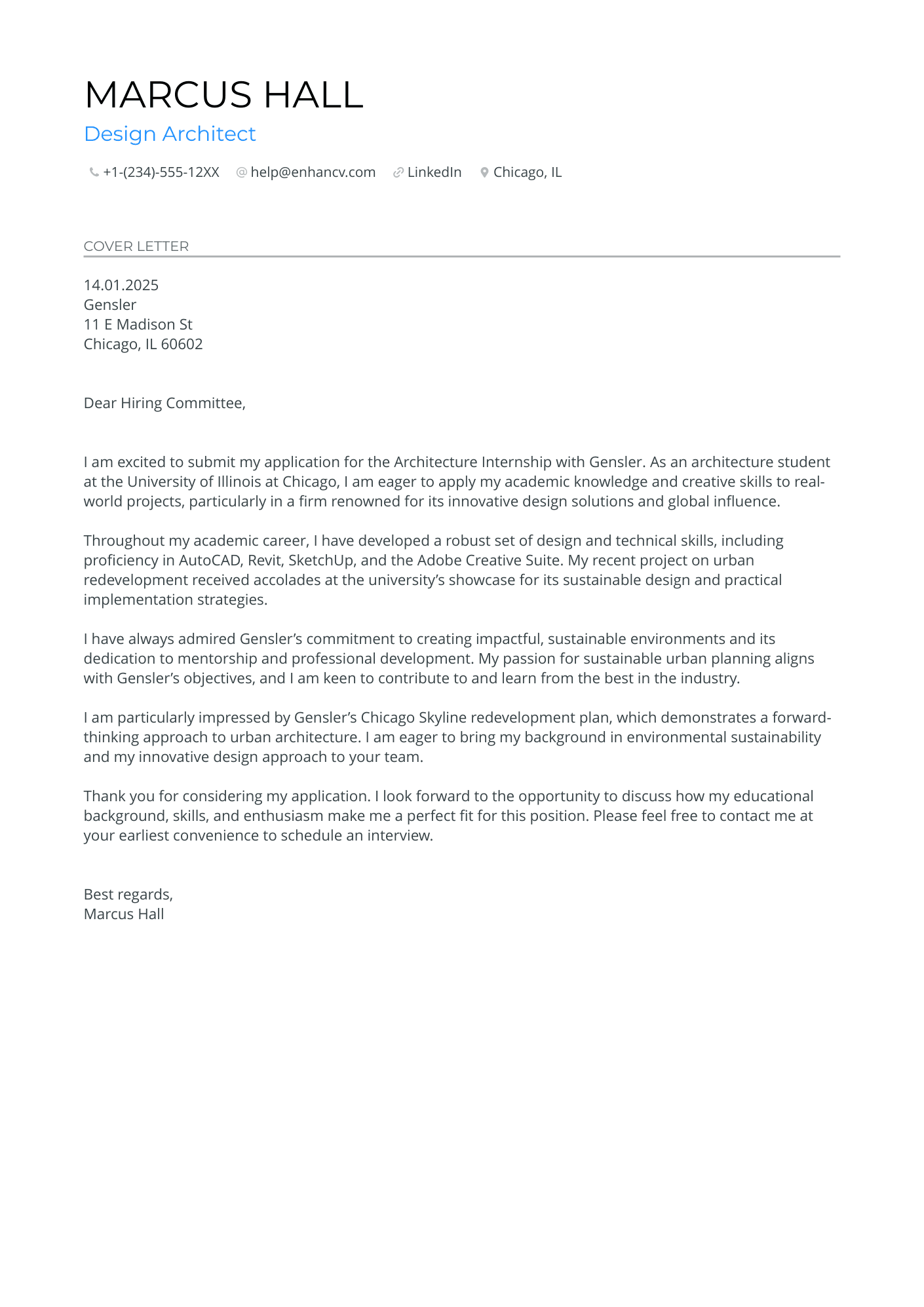 Architecture Intern cover letter