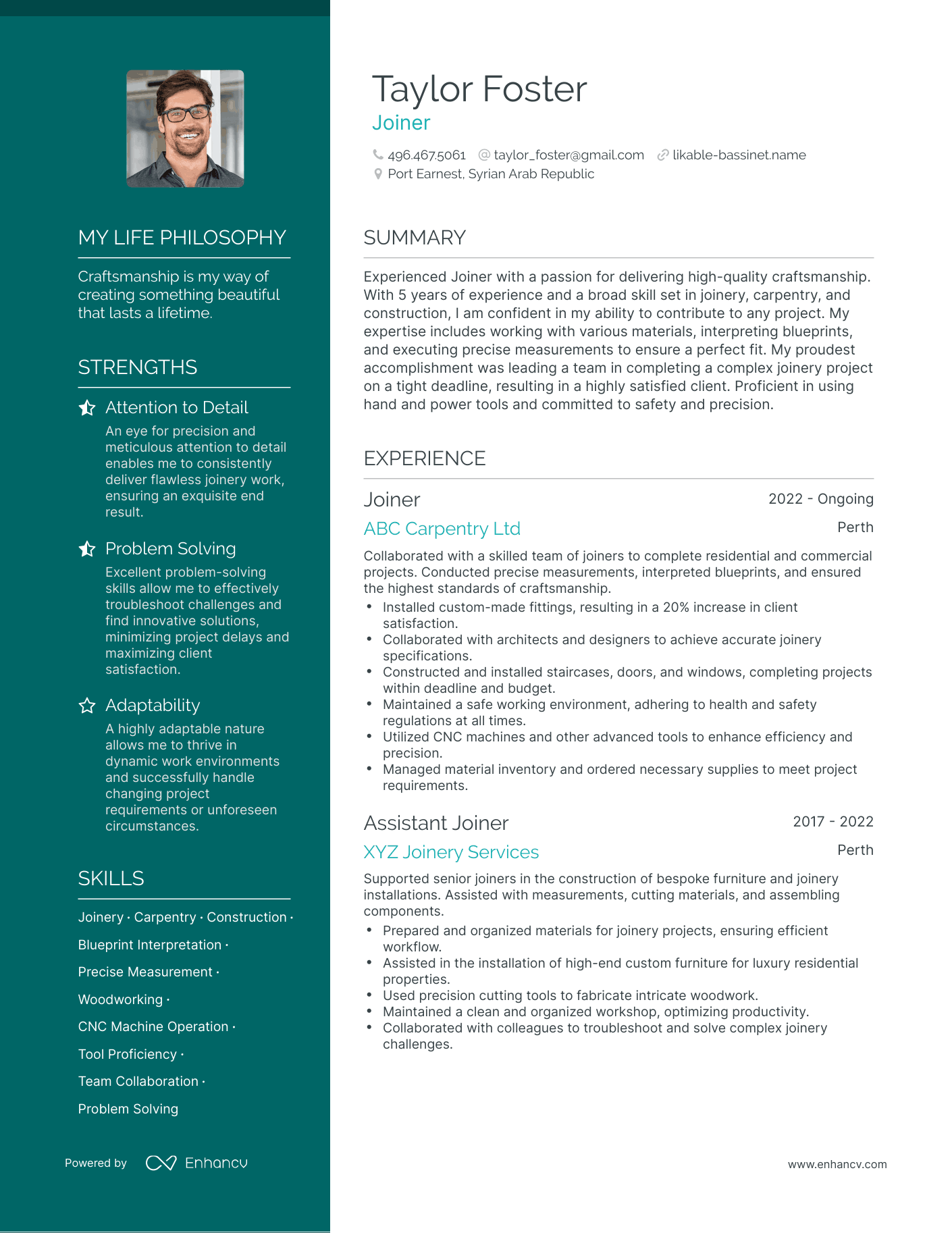 Creative Joiner Resume Example