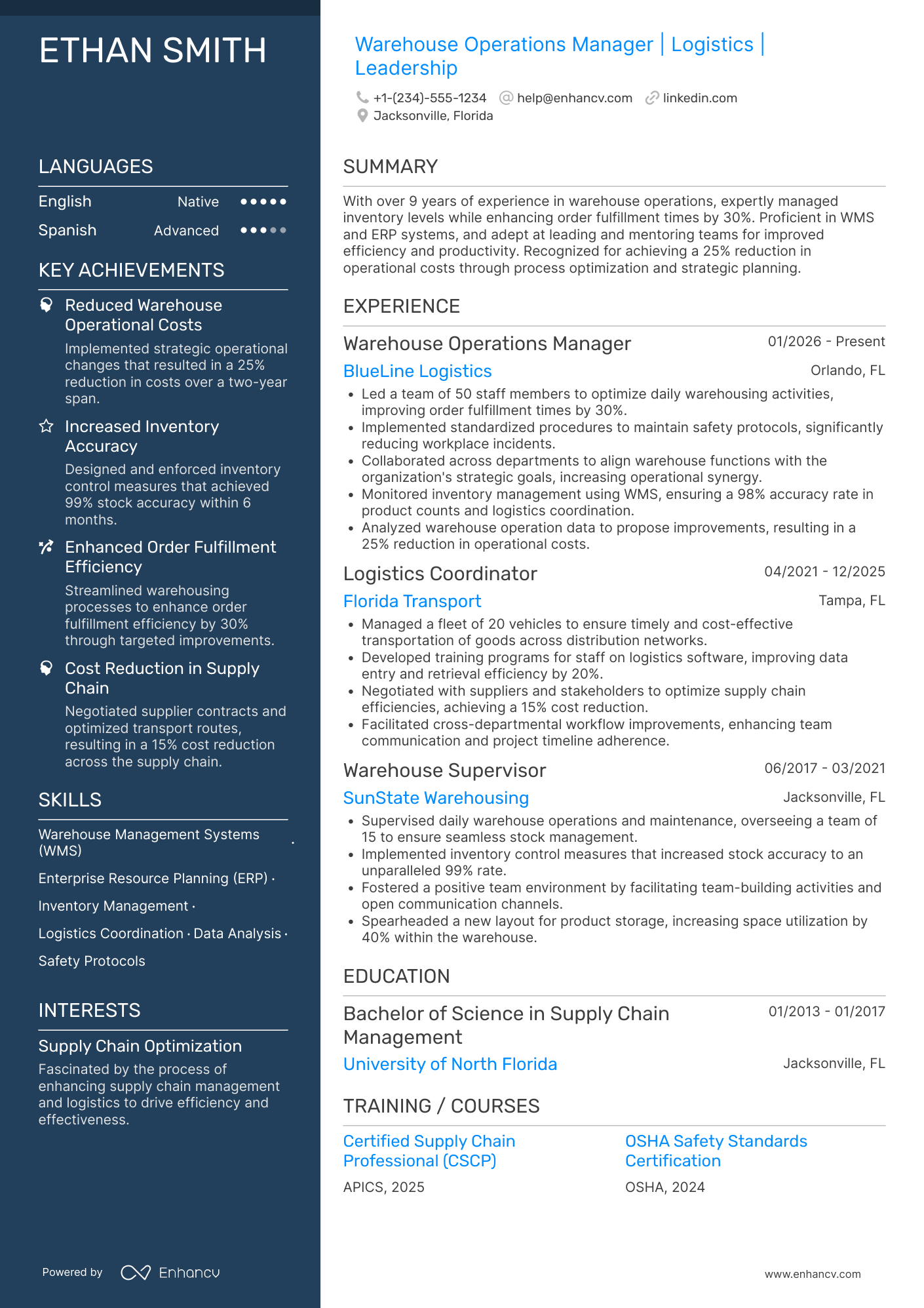 Warehouse Operations Manager resume example