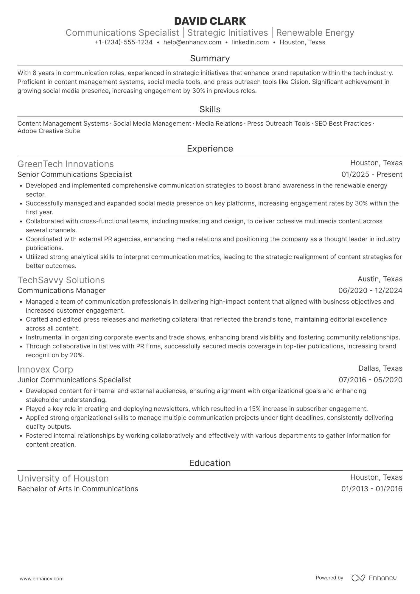 Communications Specialist resume example