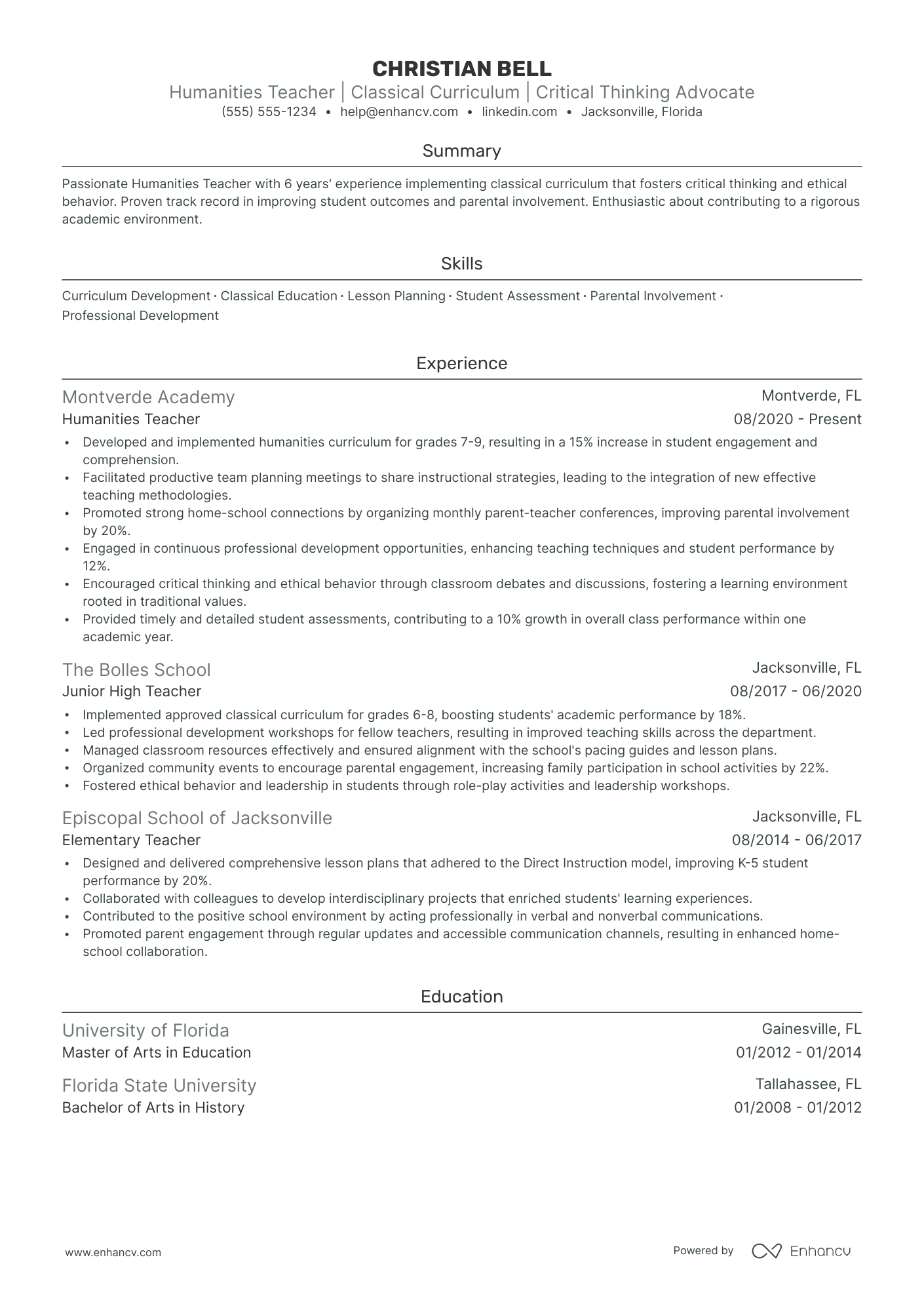 Junior Preschool Teacher resume example