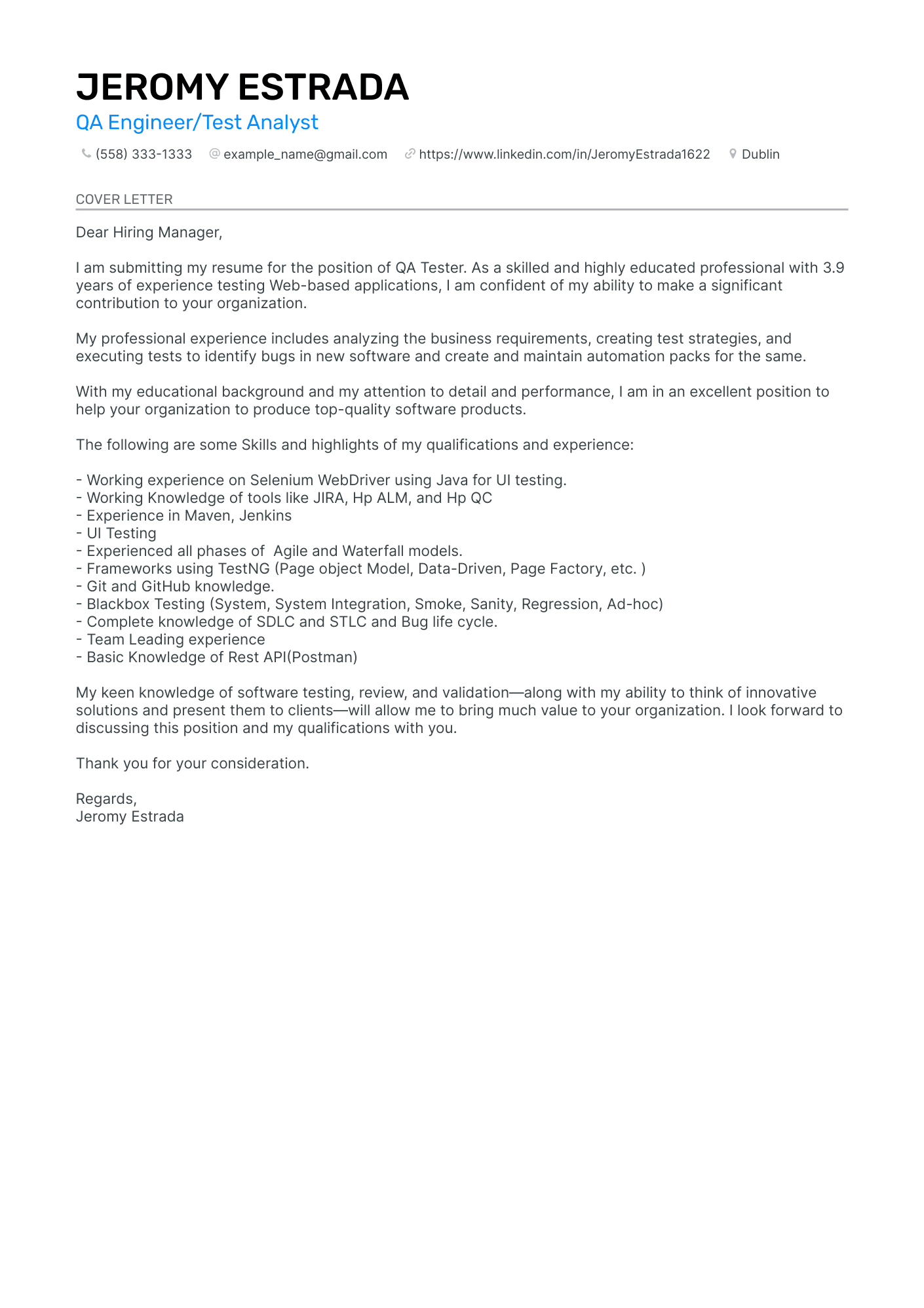 QA engineer cover letter example