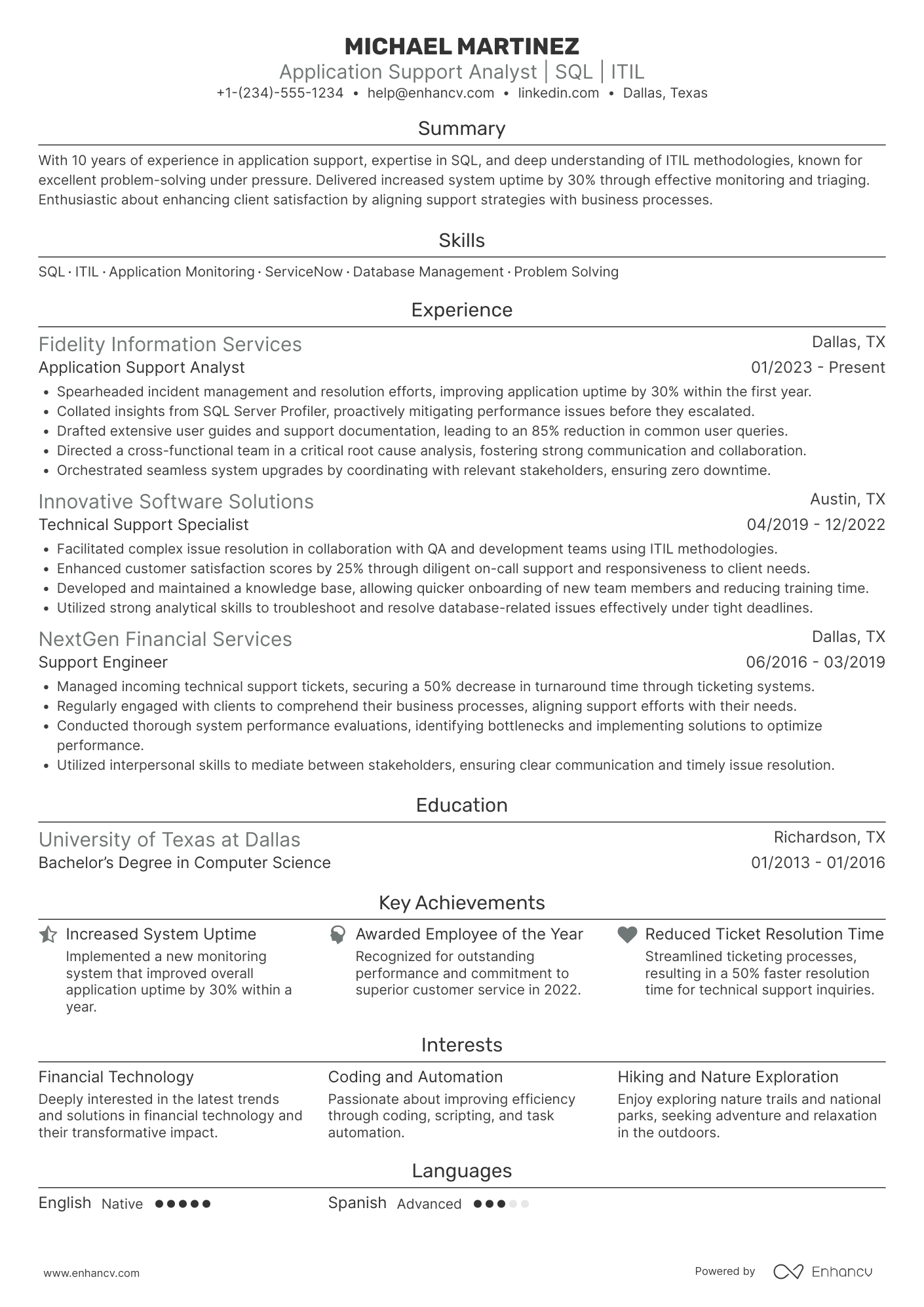 Application Support Analyst resume example