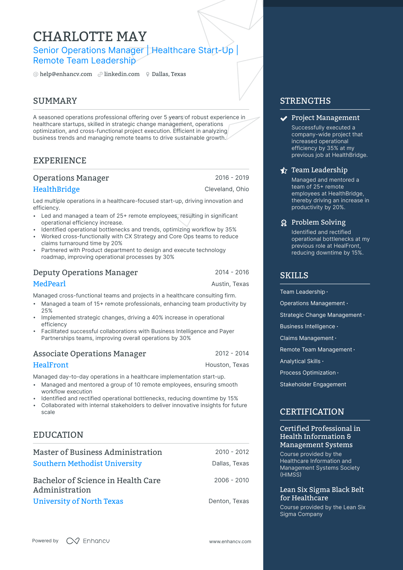 Senior Operations Manager resume example