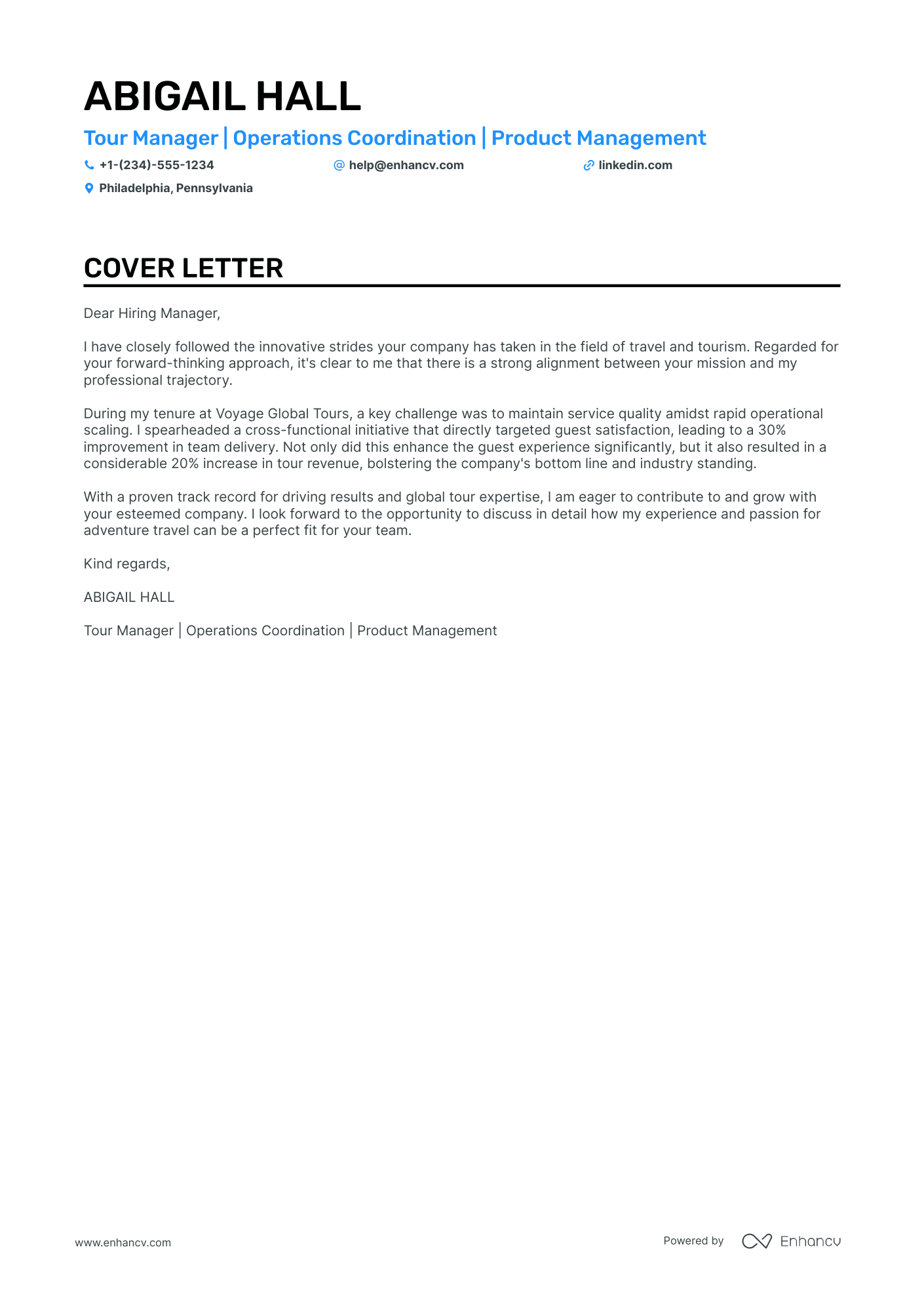 Tour Manager cover letter