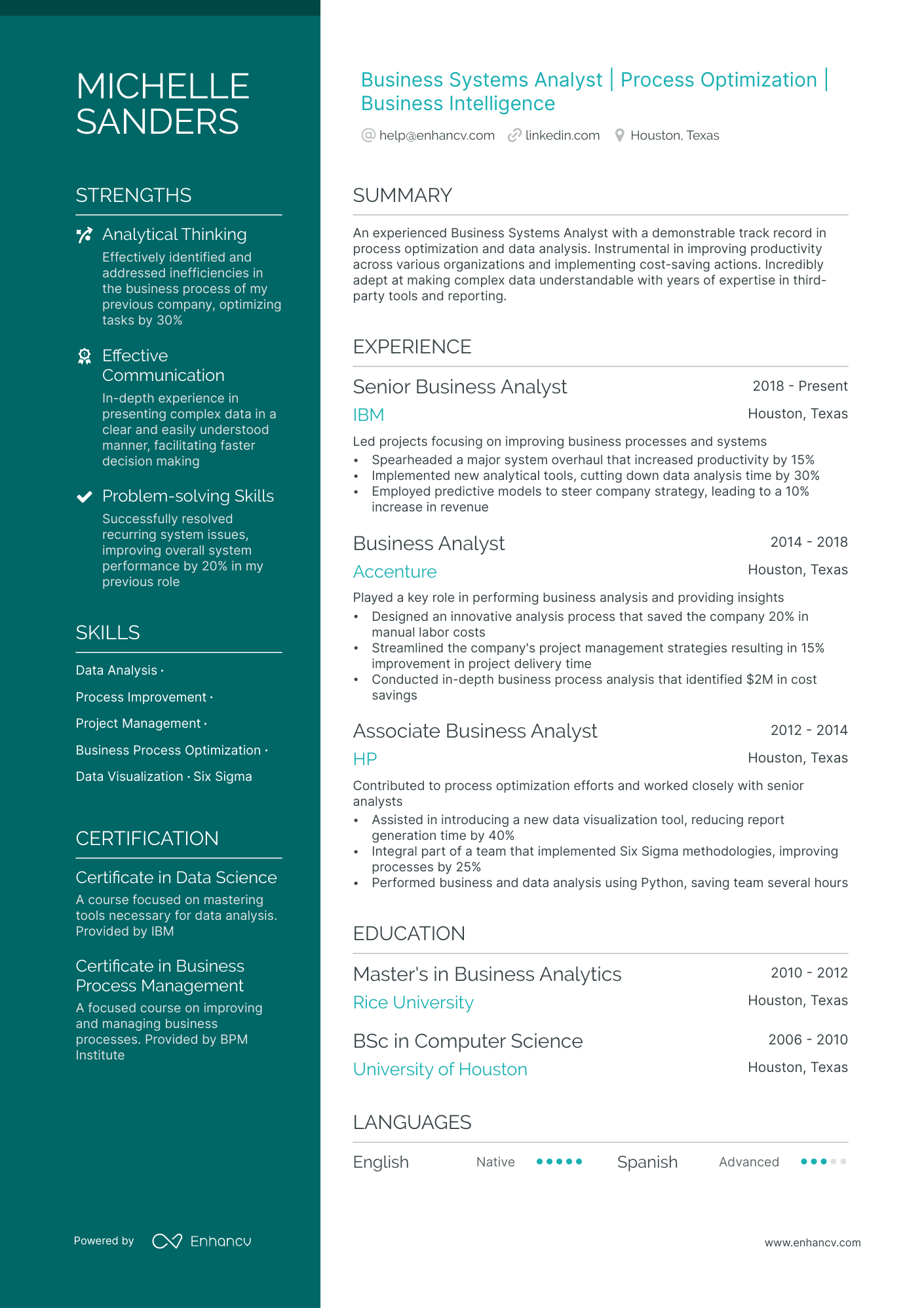 business systems analyst resume example