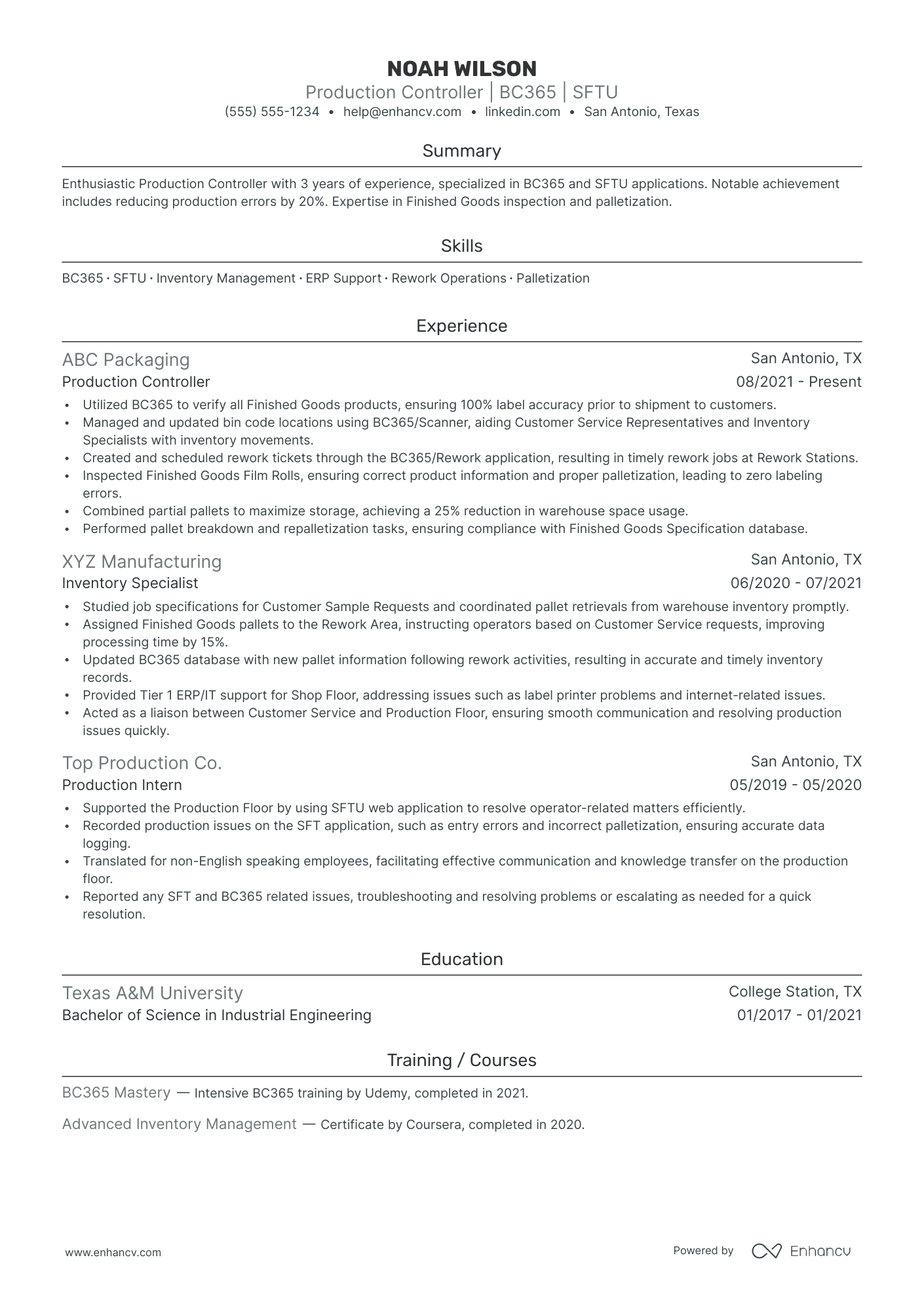 Production Controller resume example