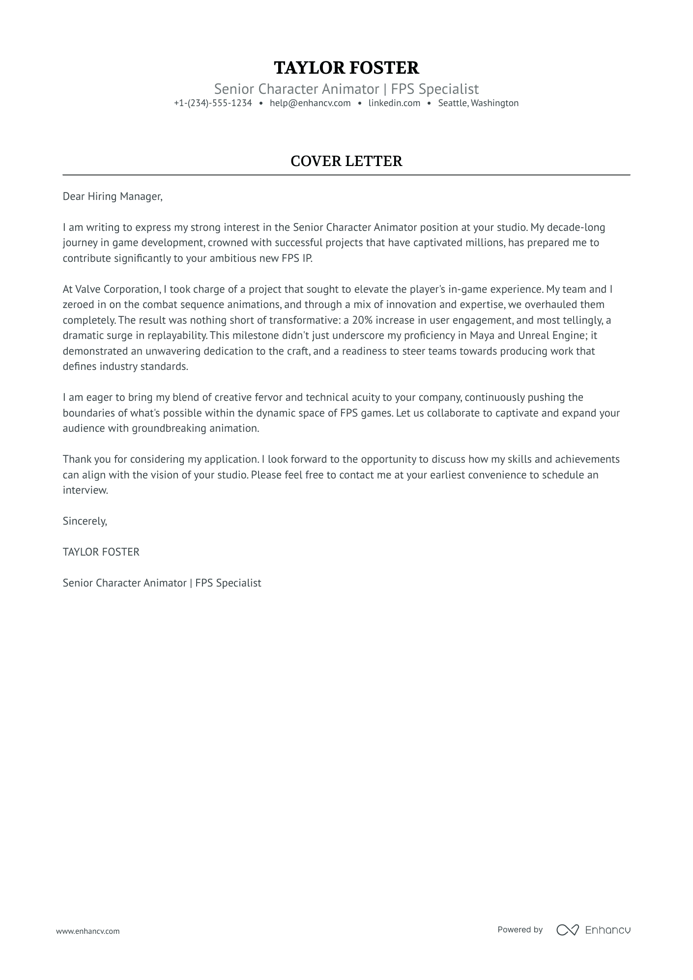 Character Animator cover letter