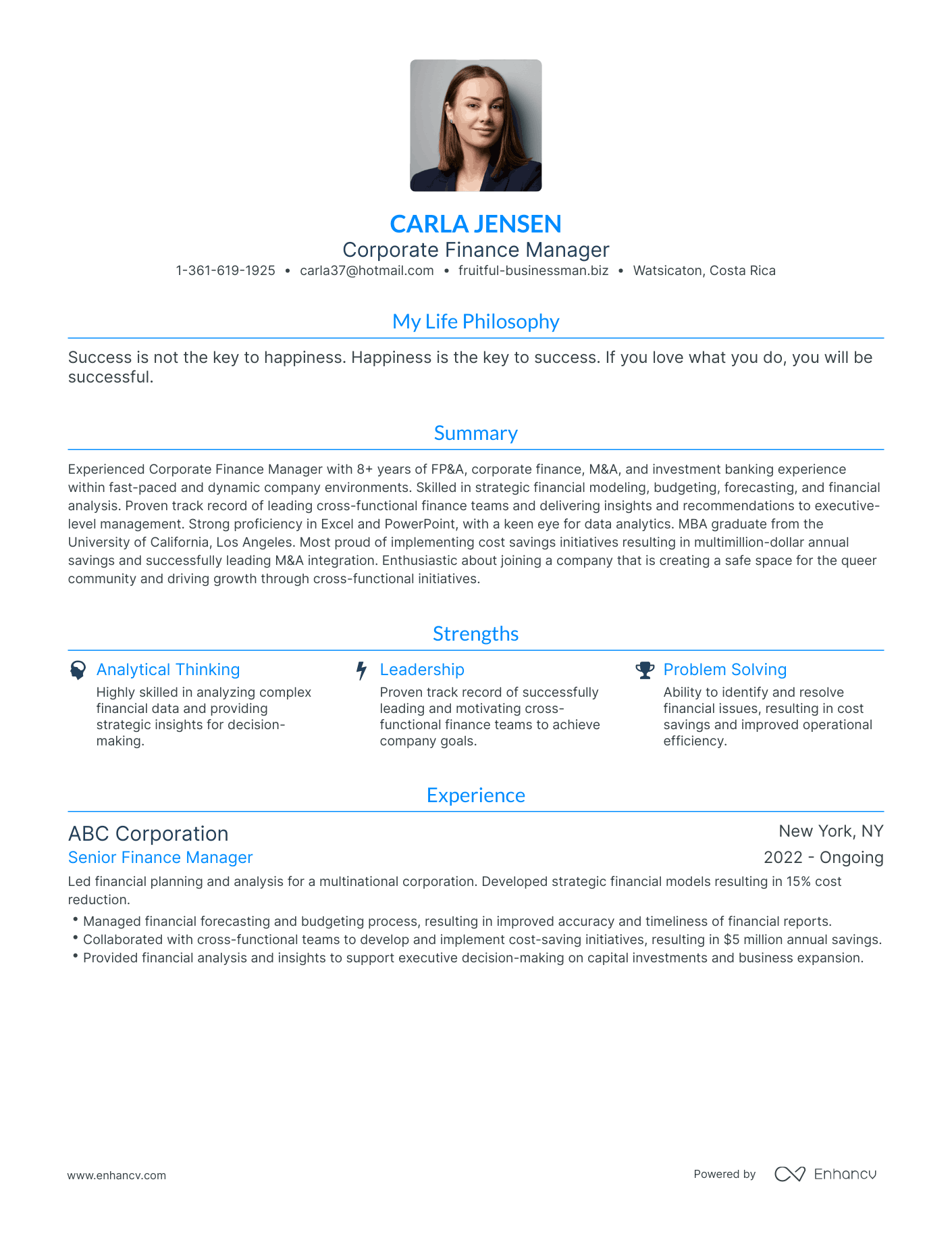 Modern Corporate Finance Manager Resume Example