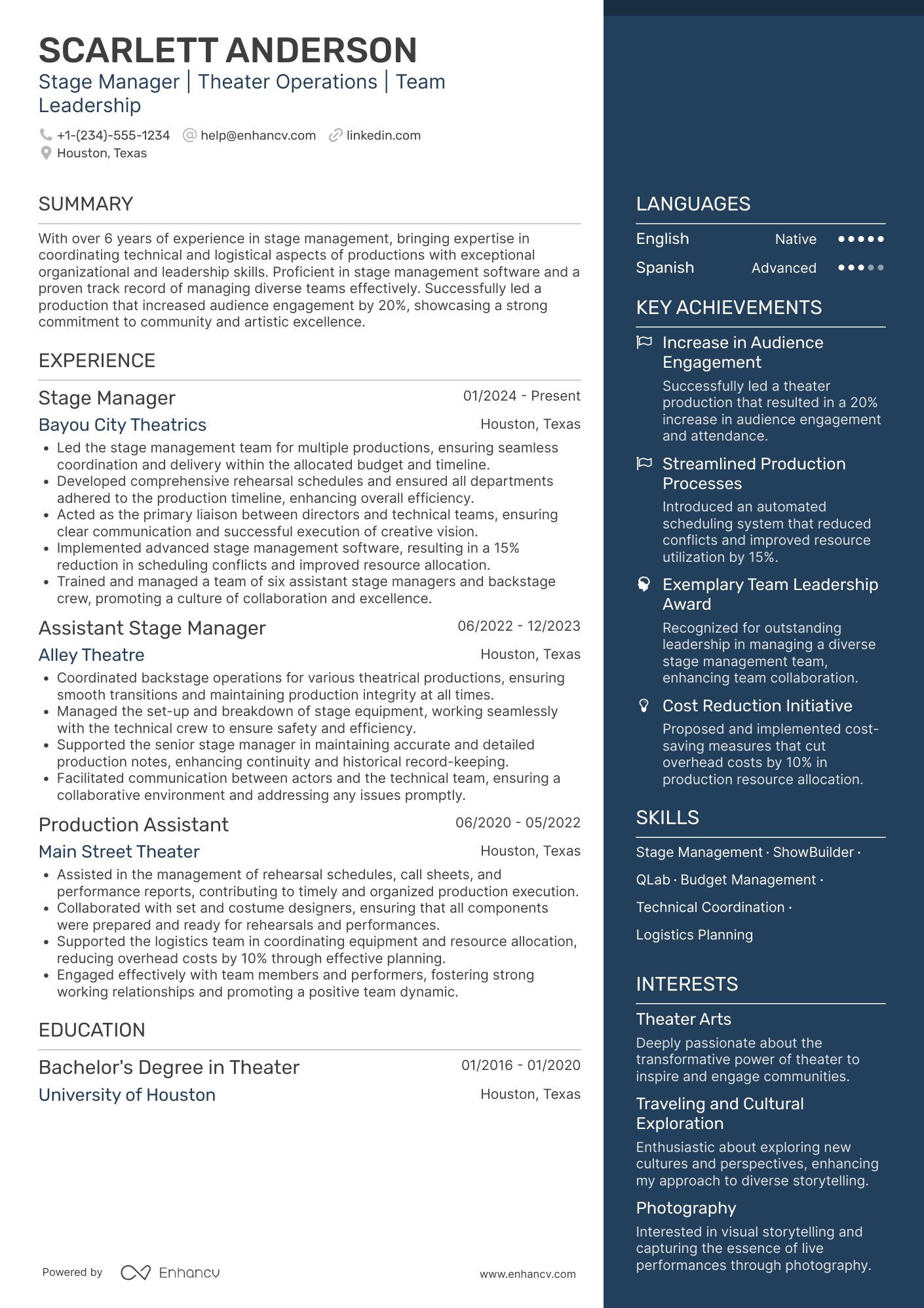 Performing Arts resume example
