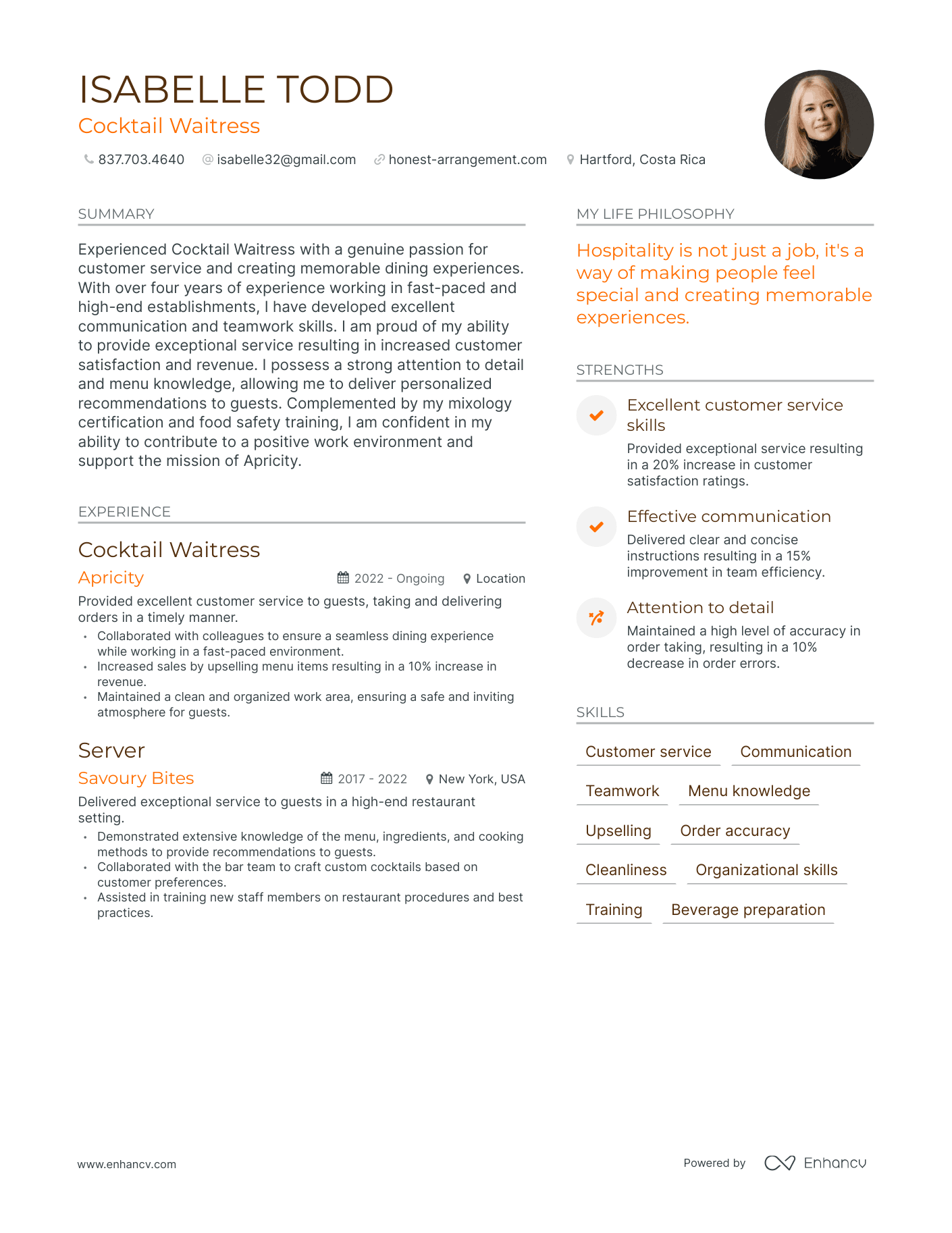 Cocktail Waitress resume example