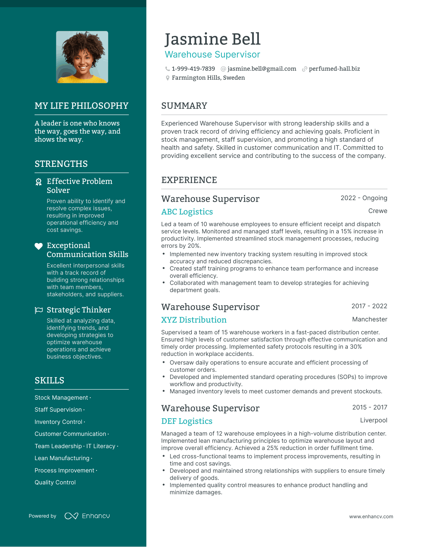 Warehouse Supervisor resume example