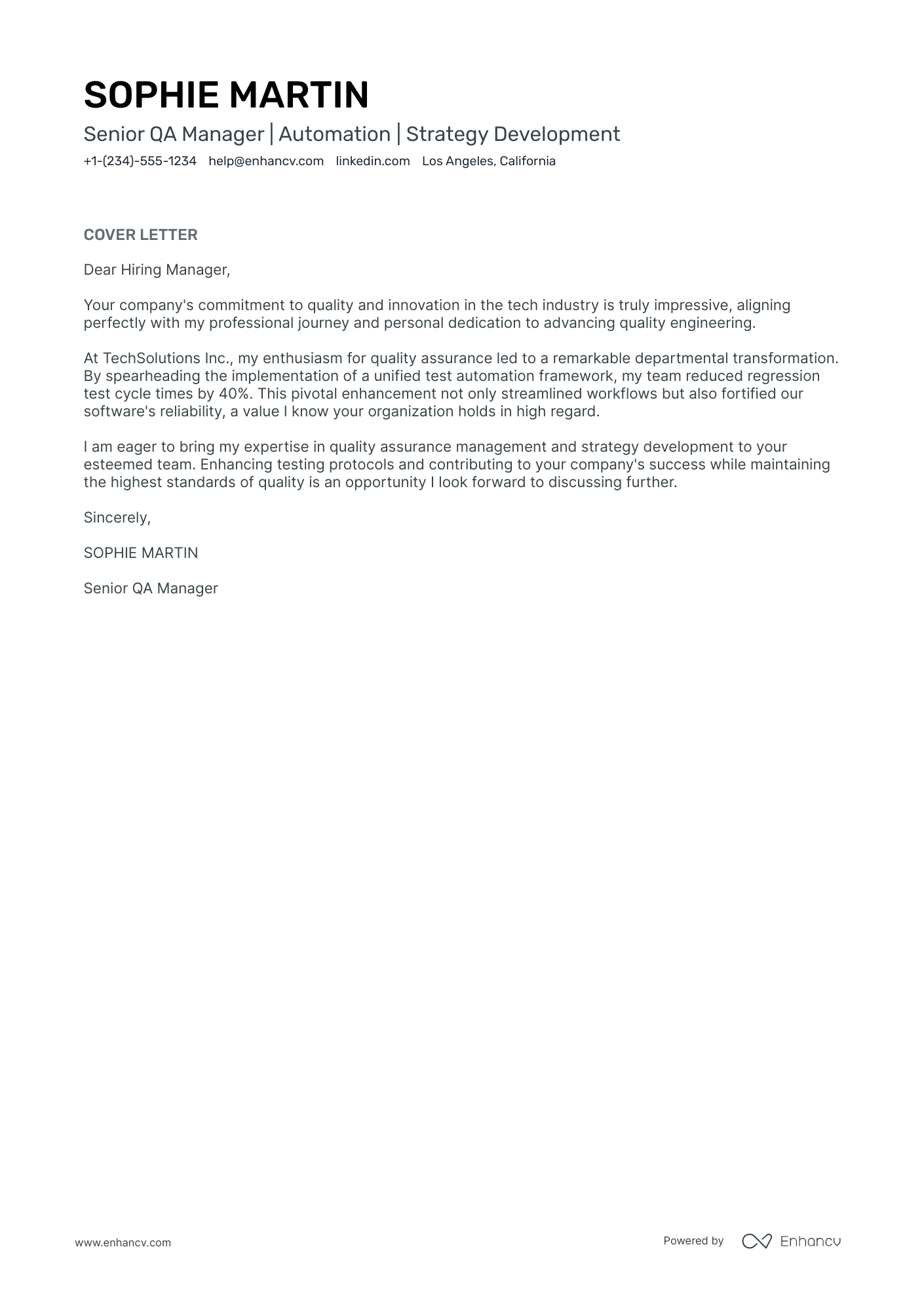 Software QA Manager cover letter