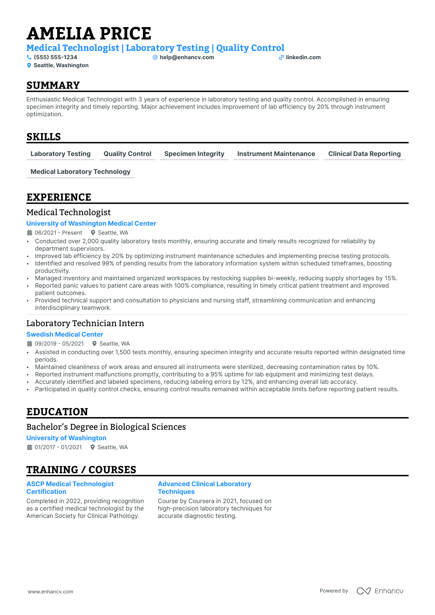 Medical Technologist Supervisor resume example