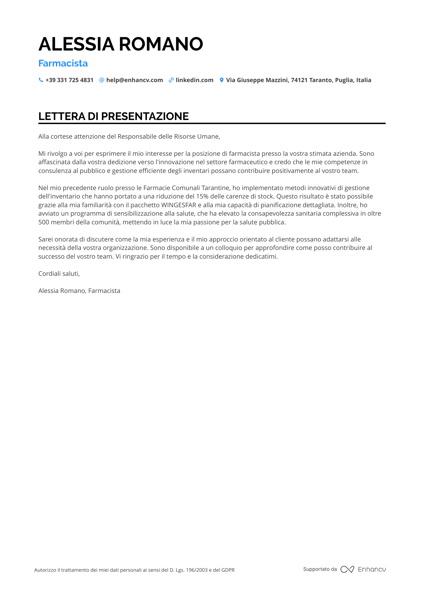 Farmacista Lettera di presentazione