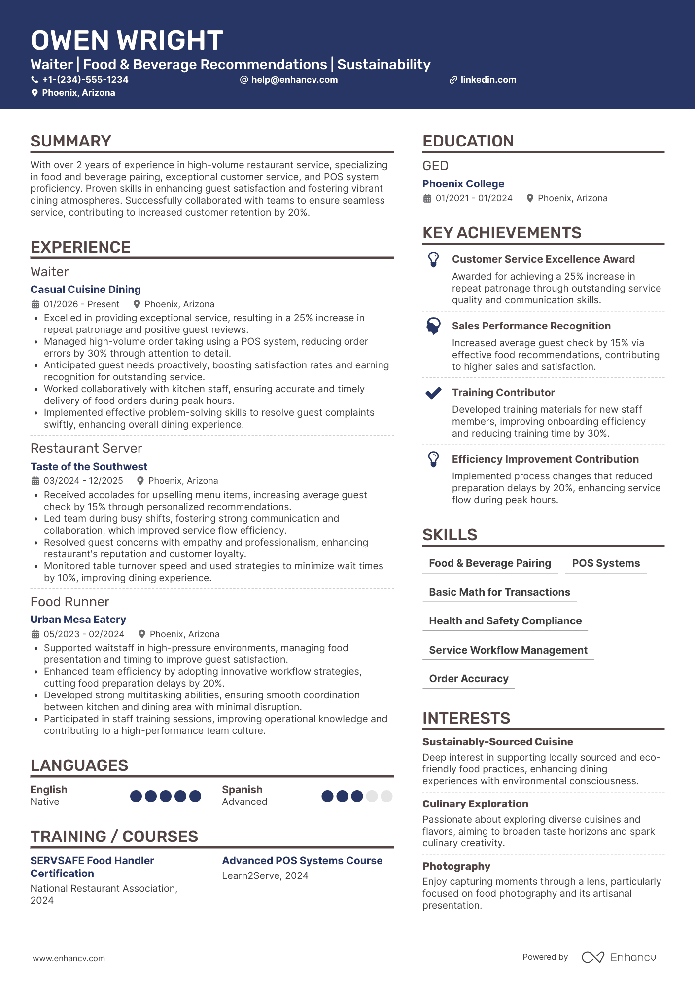 Waiter resume example