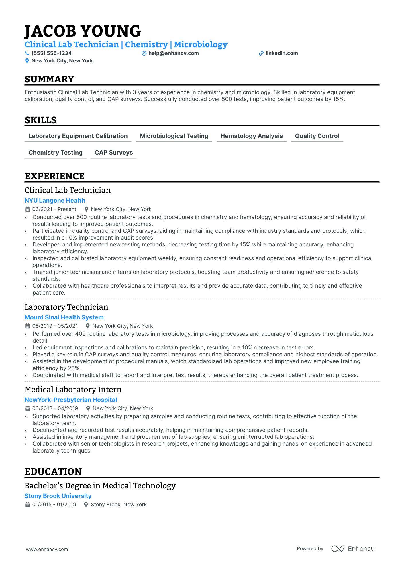 Medical Technologist resume example