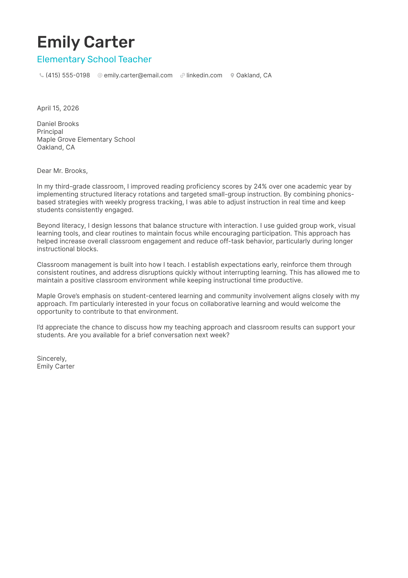 Elementary Teacher cover letter