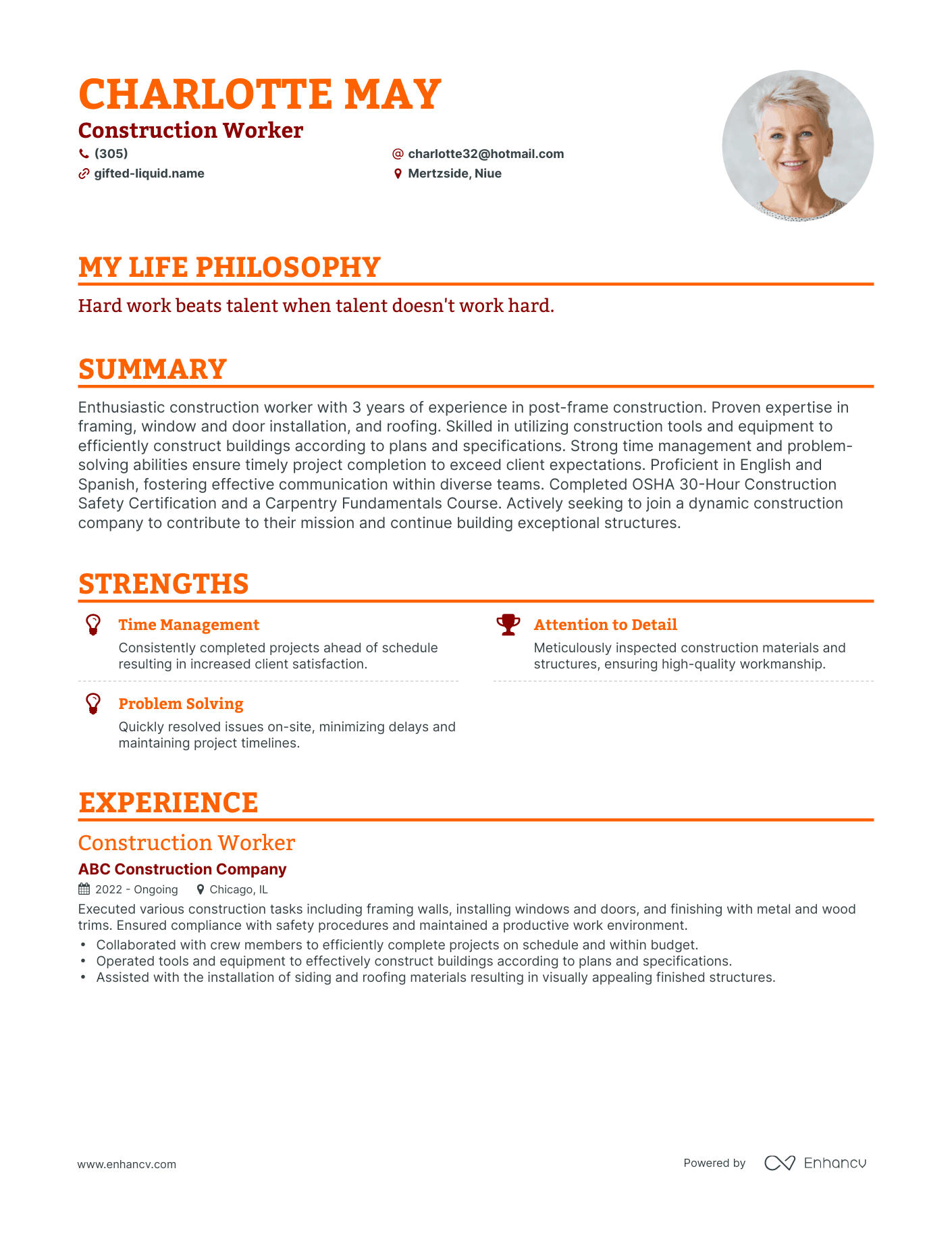 Creative Construction Worker Resume Example