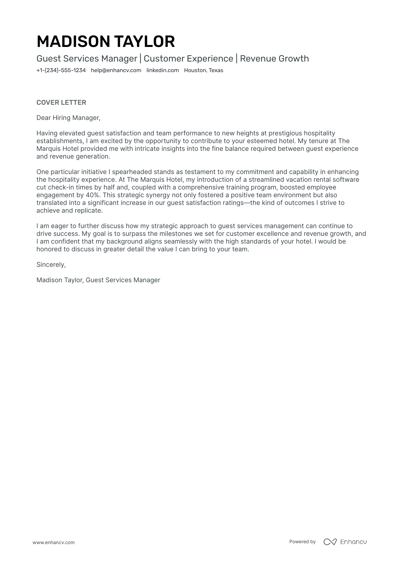 Guest Services Manager cover letter