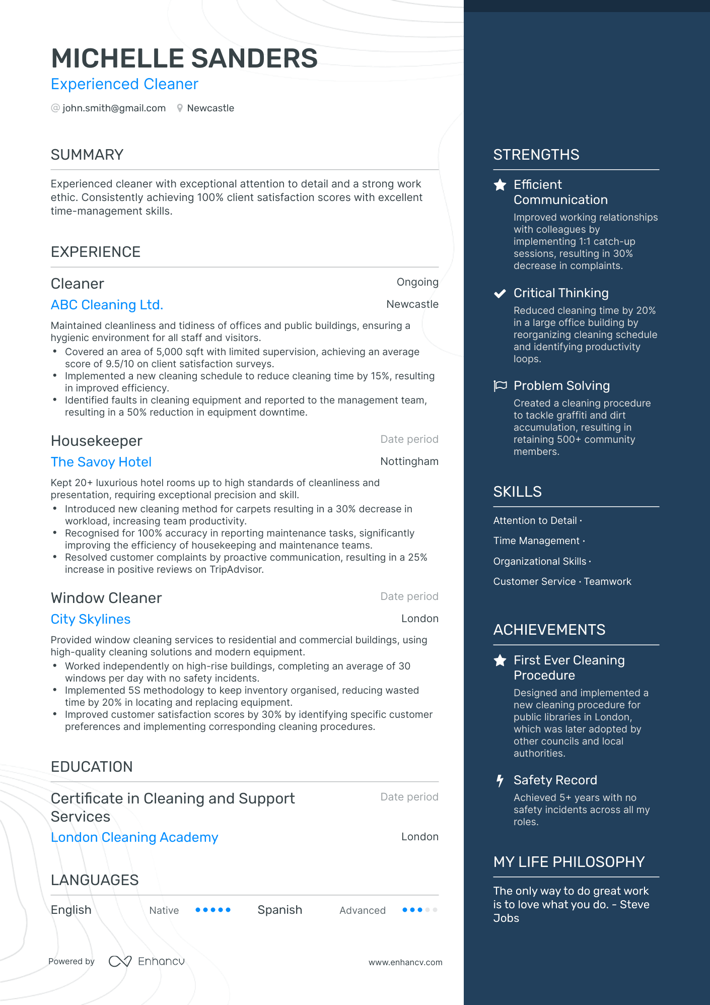 cv personal statement for cleaner