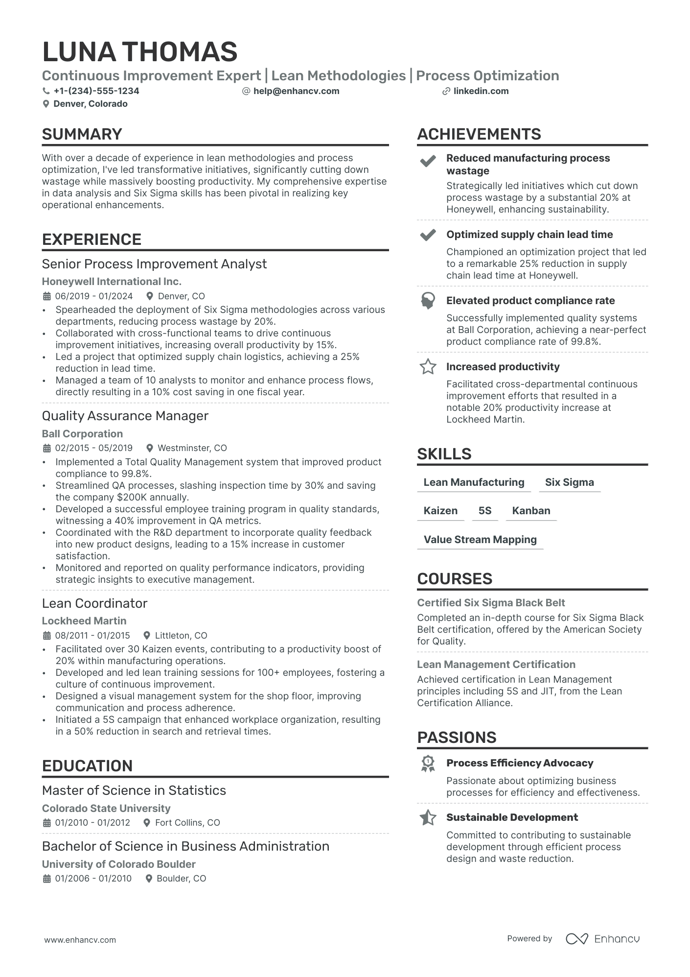Continuous Improvement Manager resume example