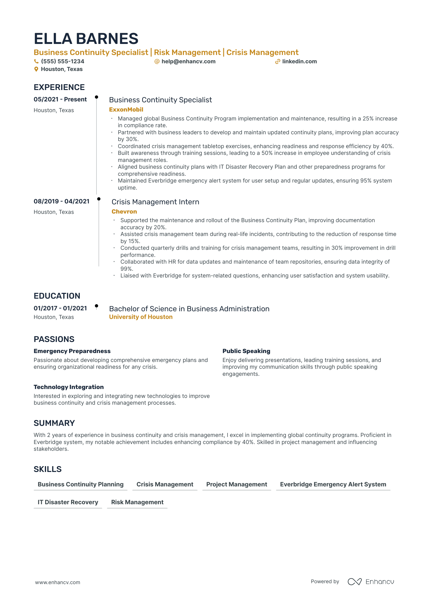 Senior Business Continuity Manager Resume Example Resume Example