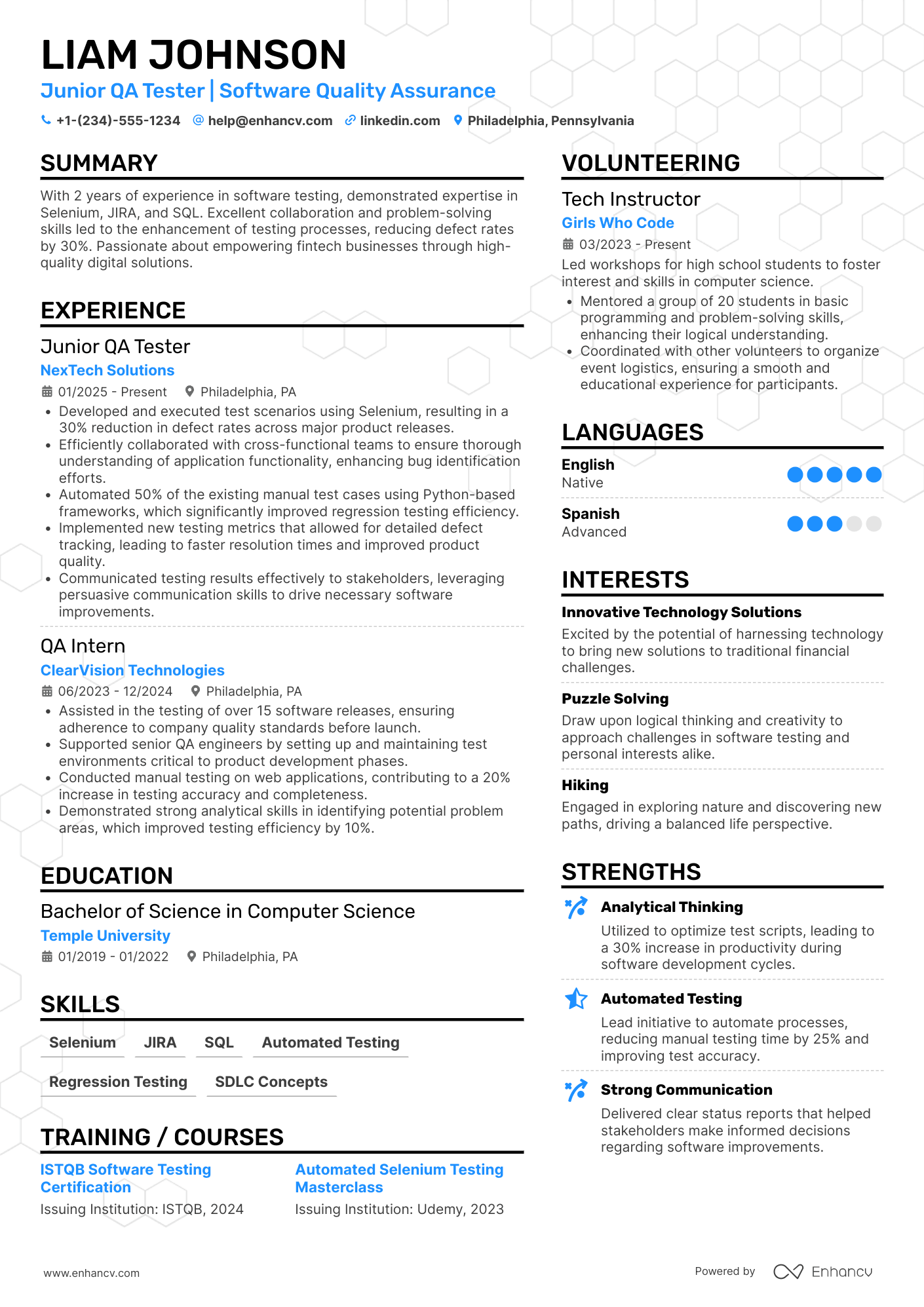 Junior QA Tester resume example