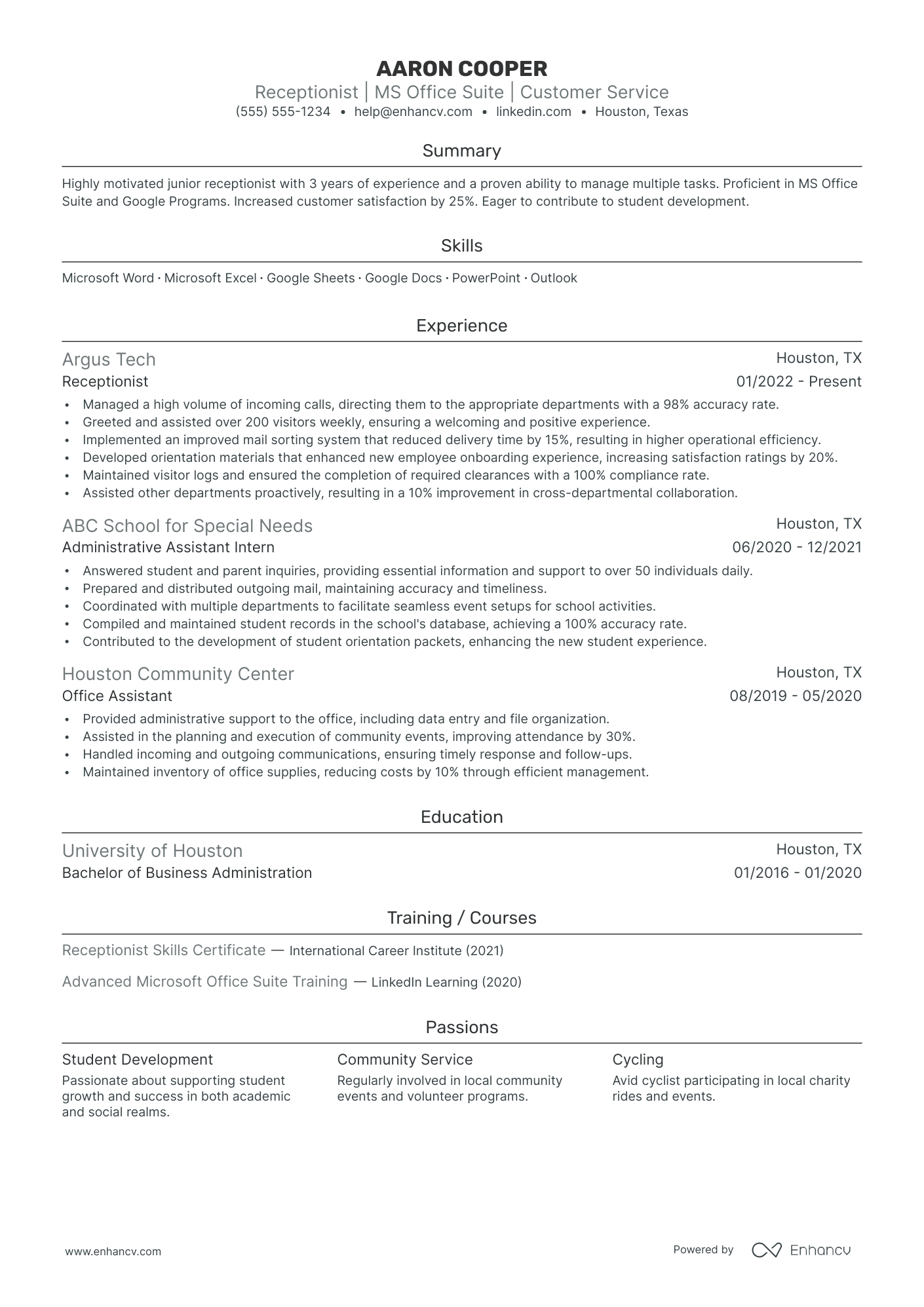 Part-Time Receptionist resume example