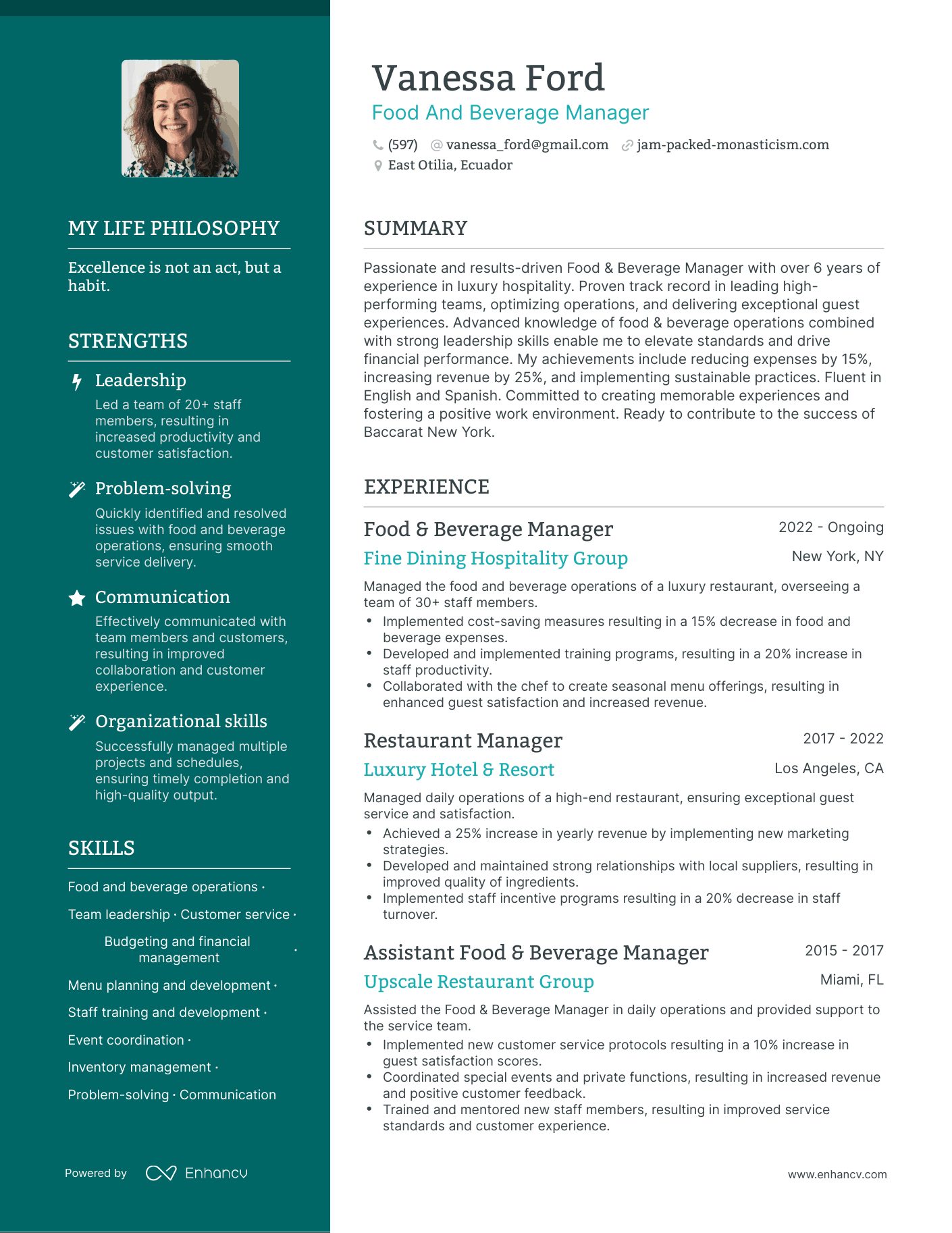 Creative Food And Beverage Manager Resume Example