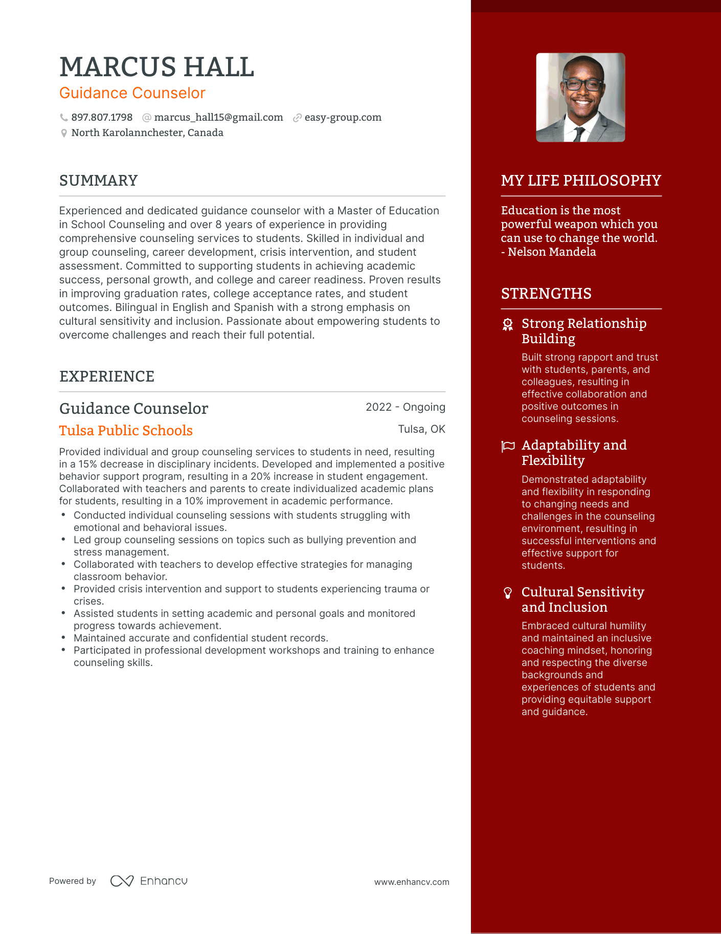 Guidance Counselor resume example