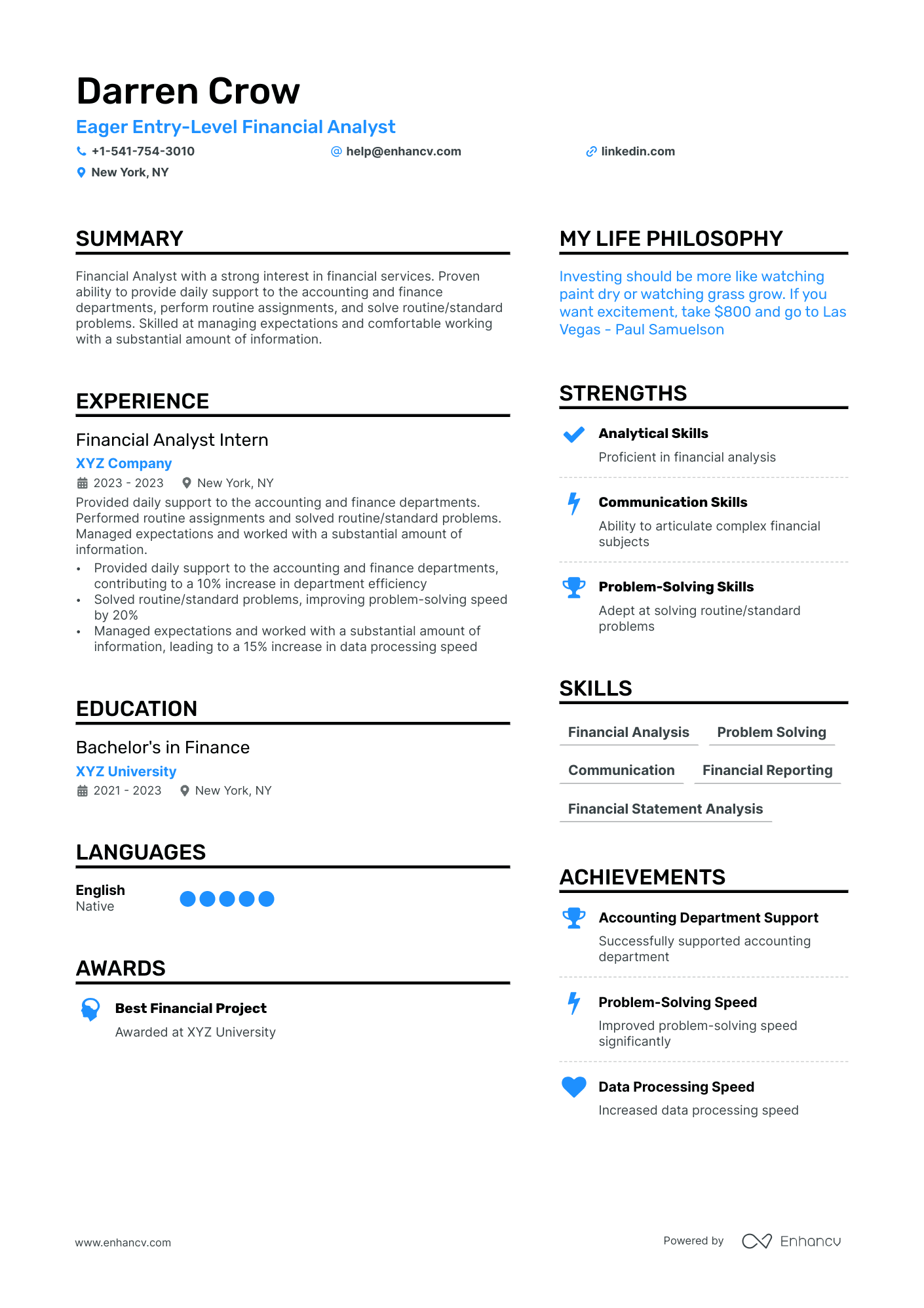 Entry Level Financial Analyst resume example