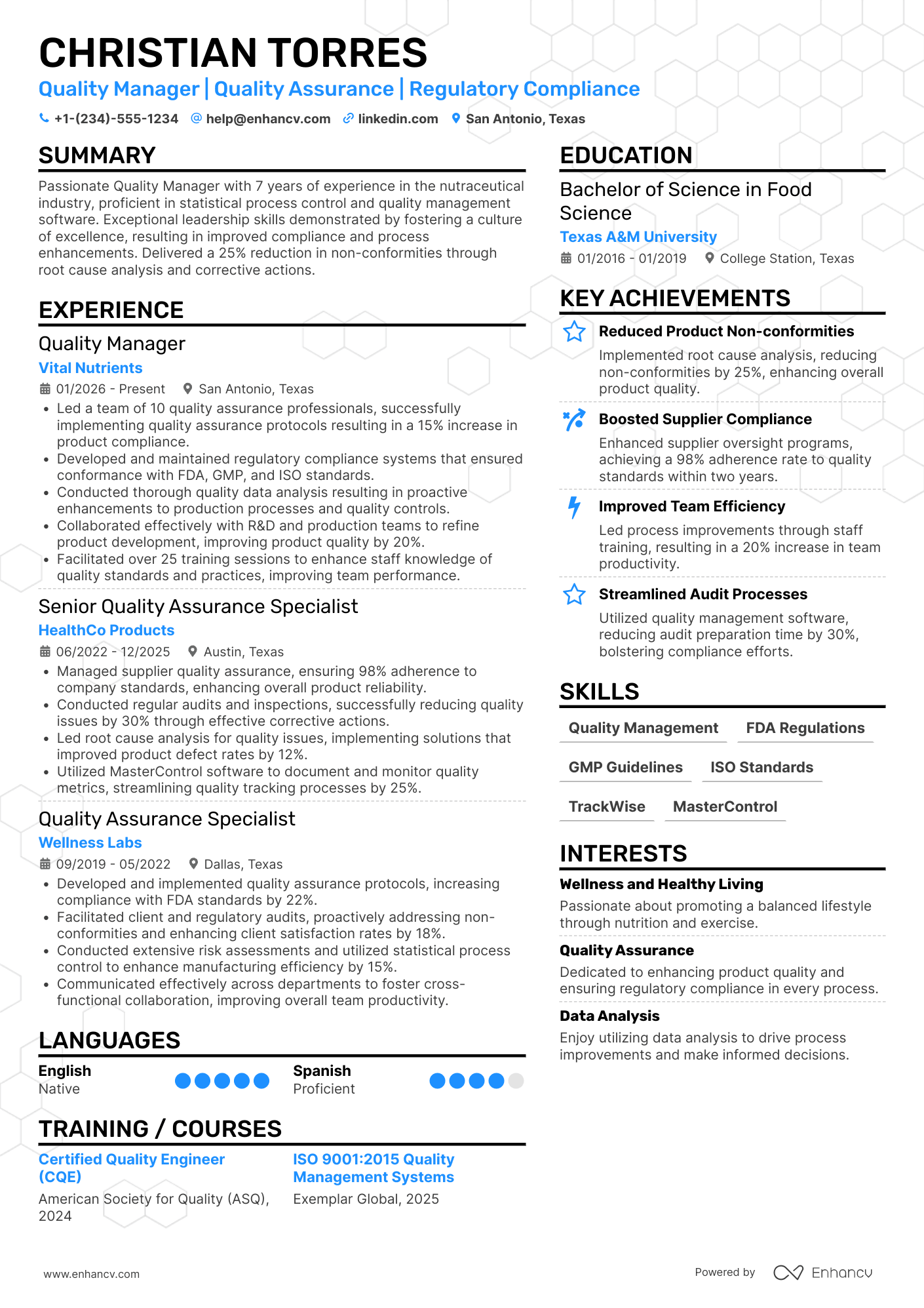 Quality Manager resume example