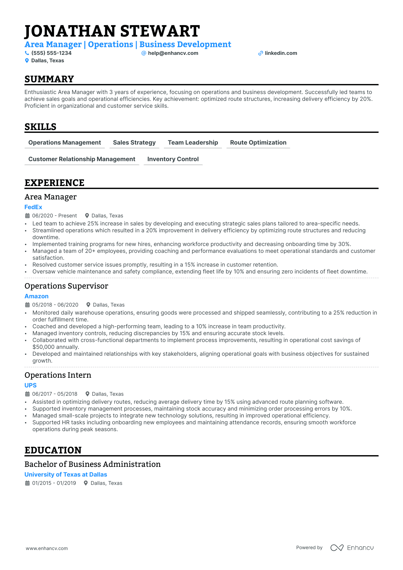 Area Manager resume example