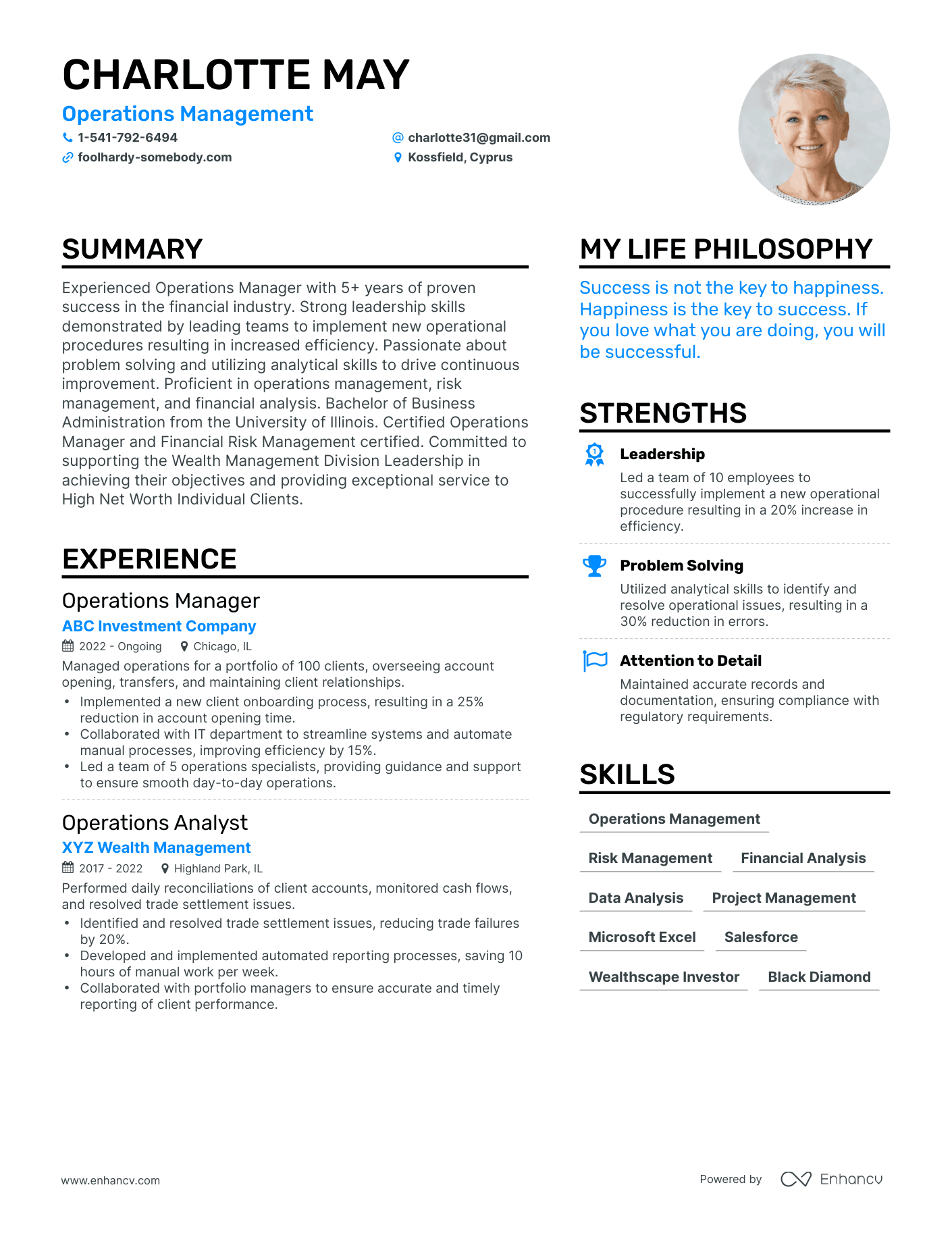 Operations Management resume example