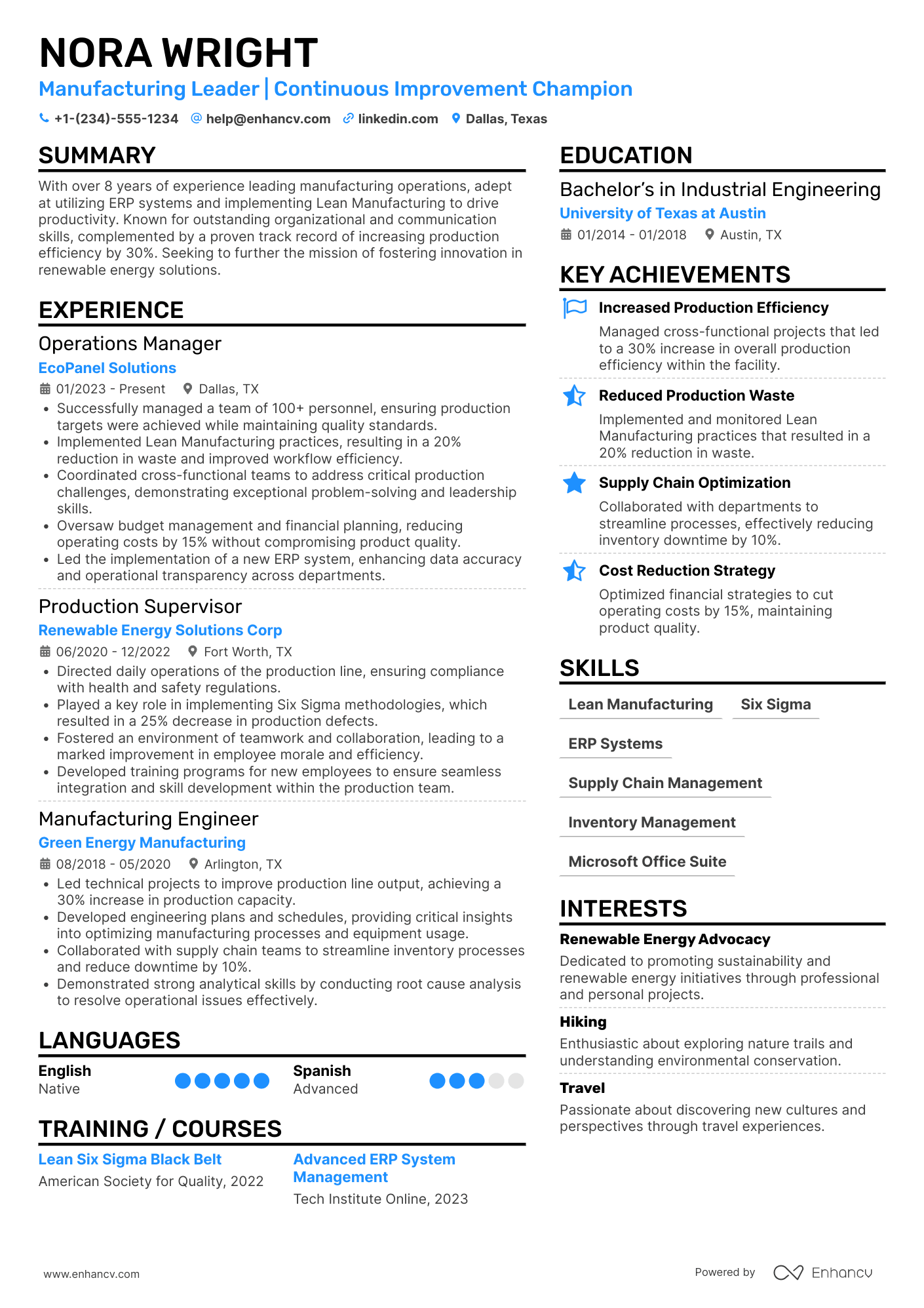 Plant Manager resume example