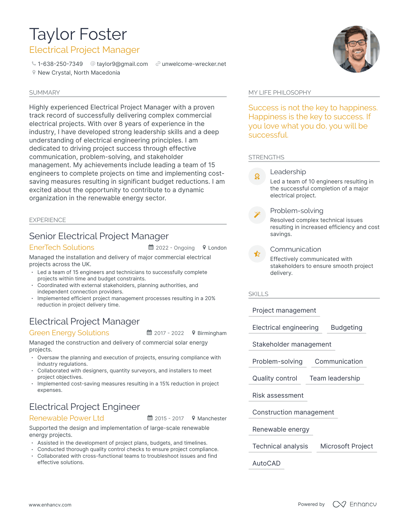 Modern Electrical Project Manager Resume Example
