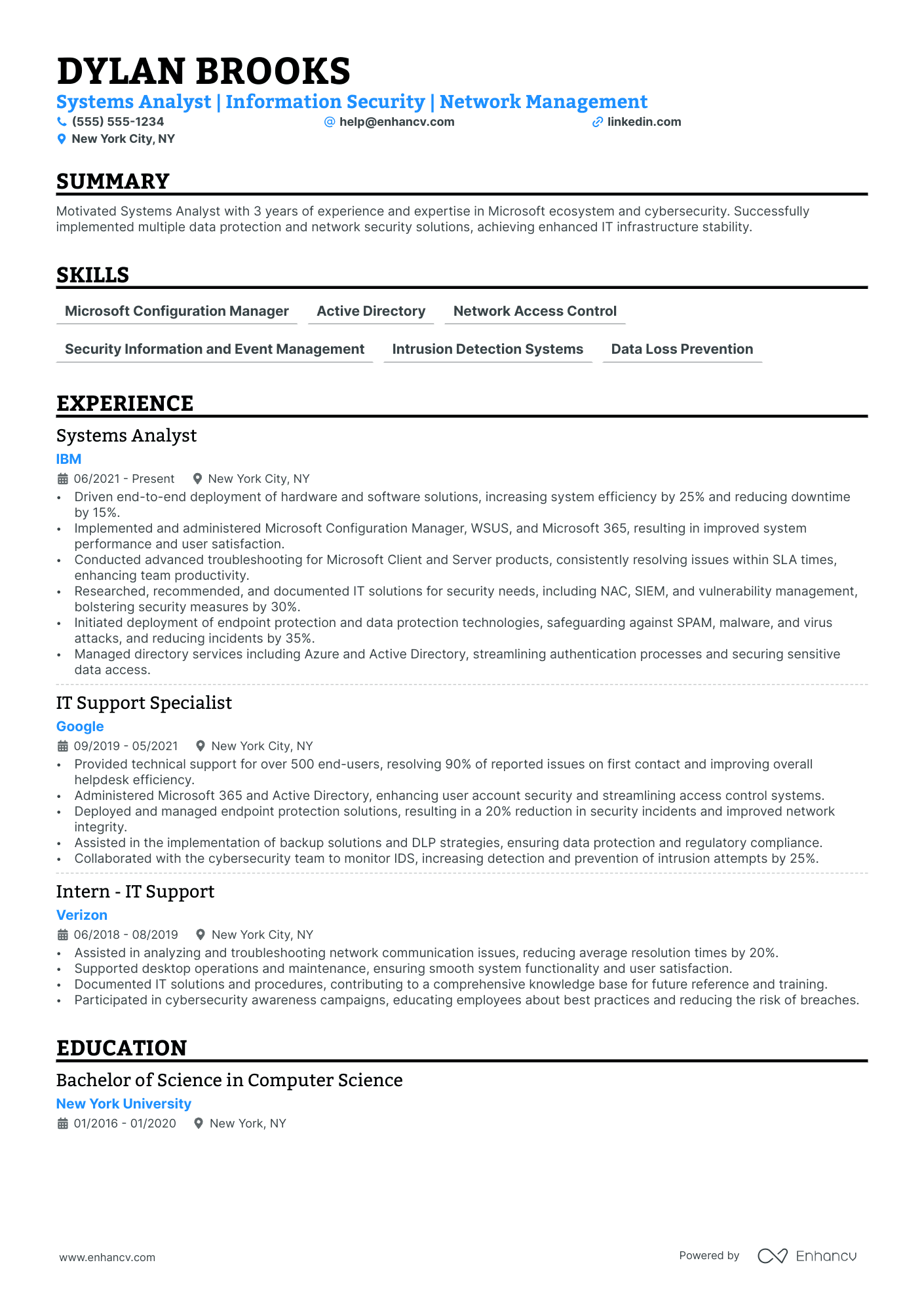 Network Systems Analyst resume example