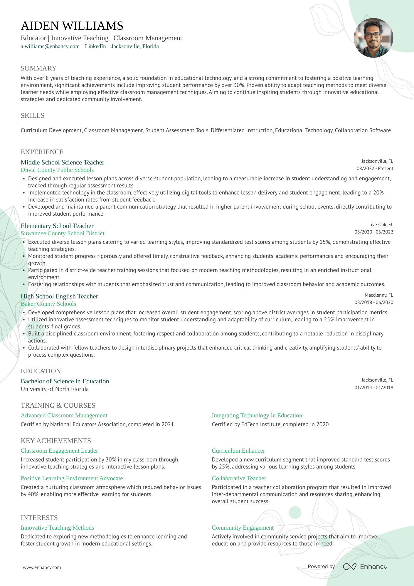 Classic ATS resume template featuring a traditional, highly readable layout and a real Teacher resume example.