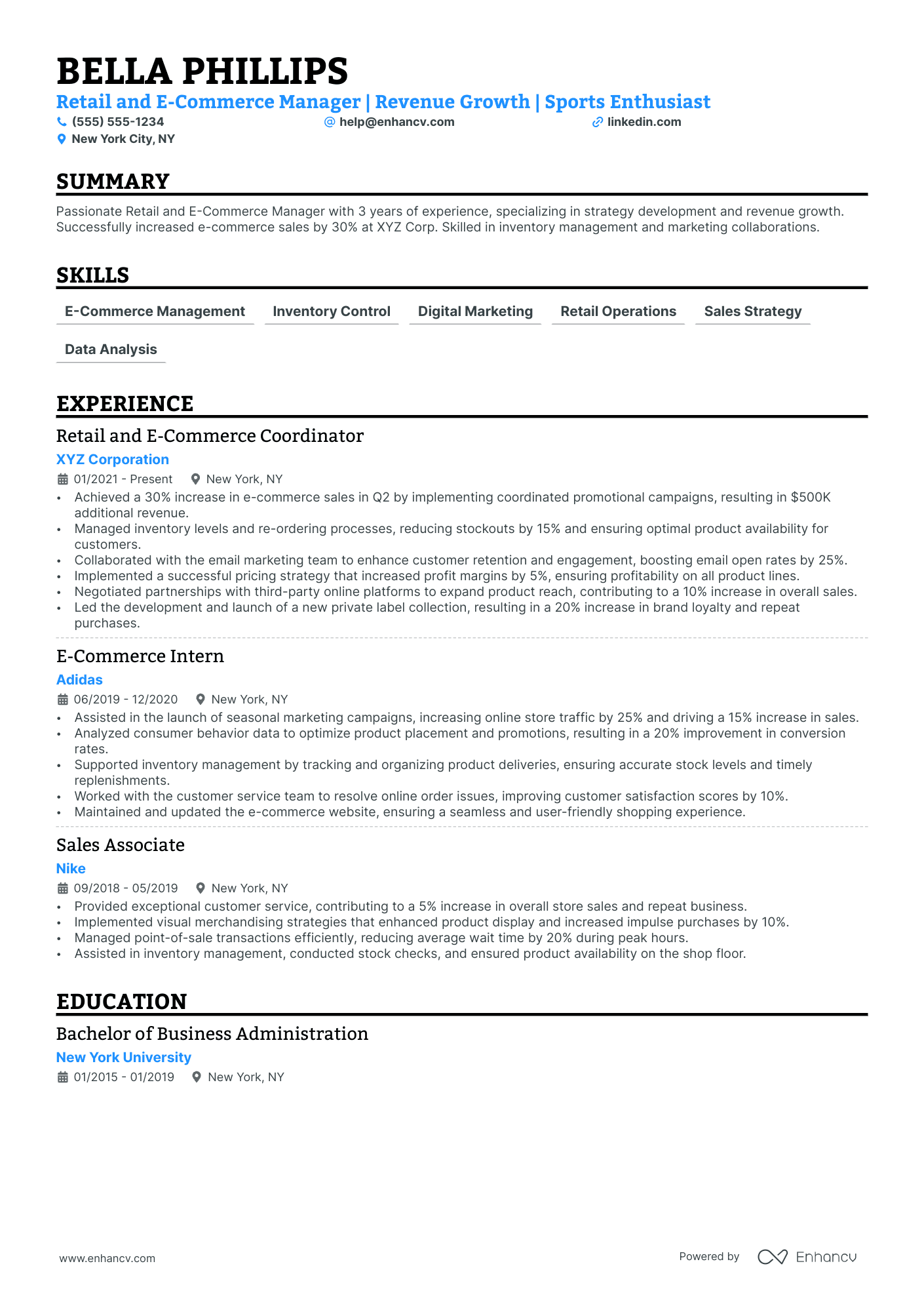 Retail E-commerce Manager resume example