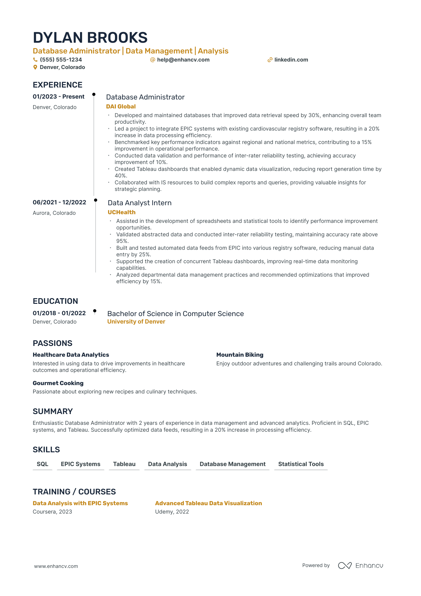 Tableau Database Administrator resume example