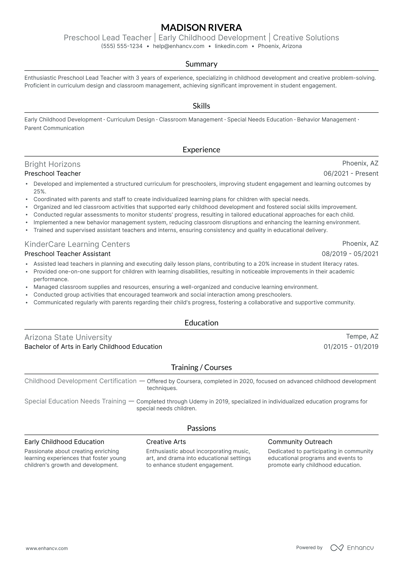 Lead Preschool Teacher resume example