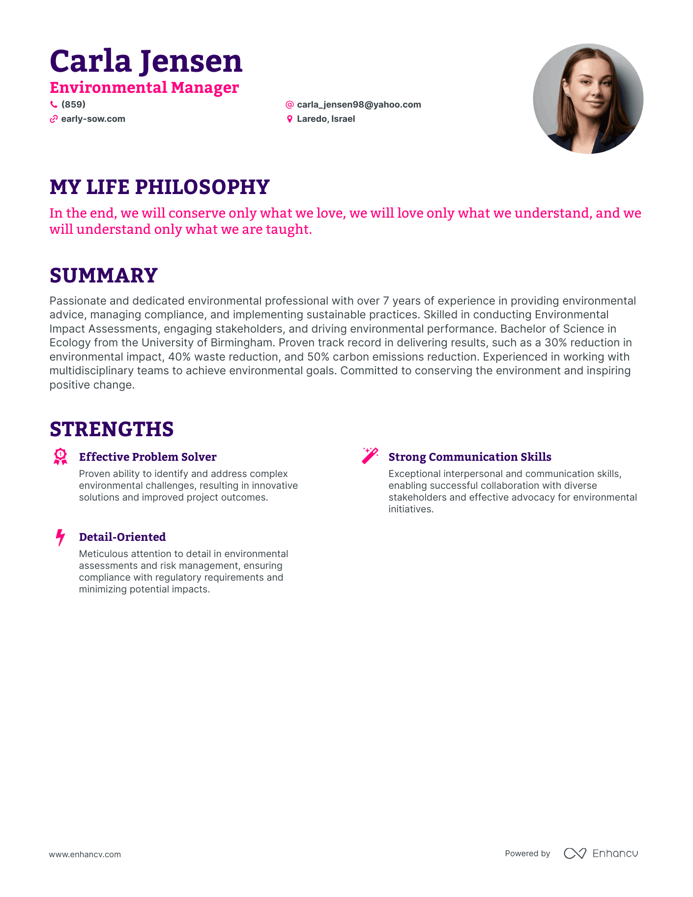 Creative Environmental Manager Resume Example
