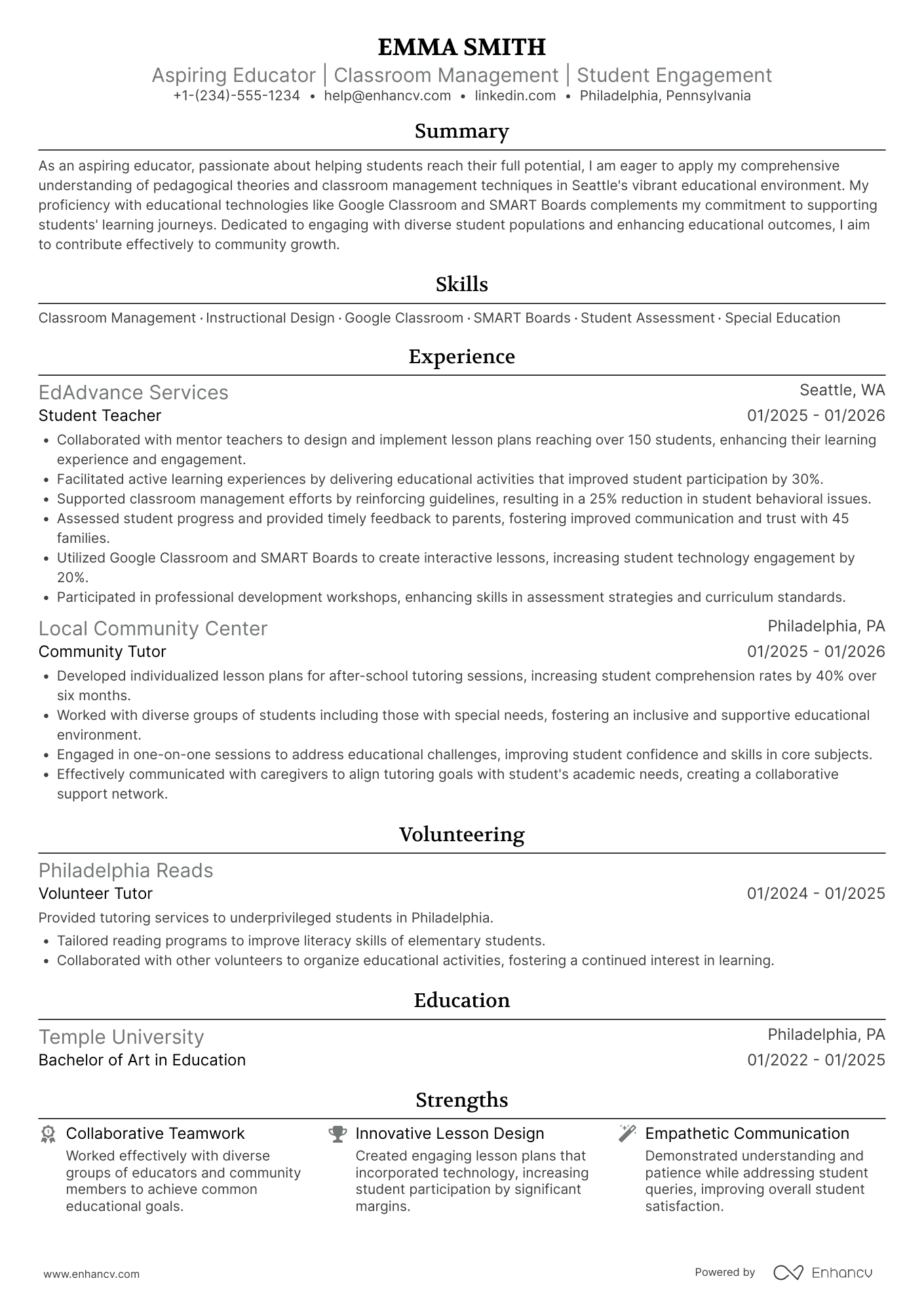 Student Teacher resume example
