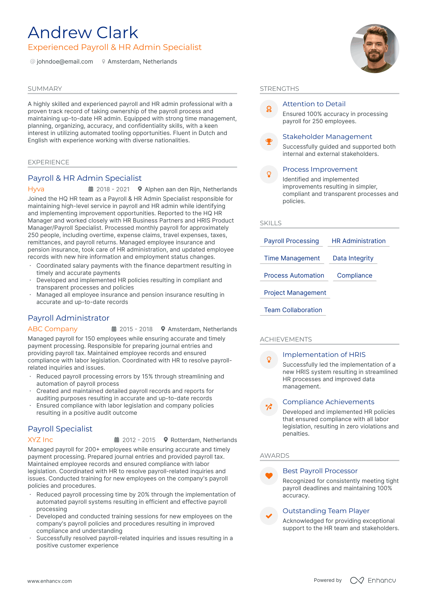 Payroll Admin resume example