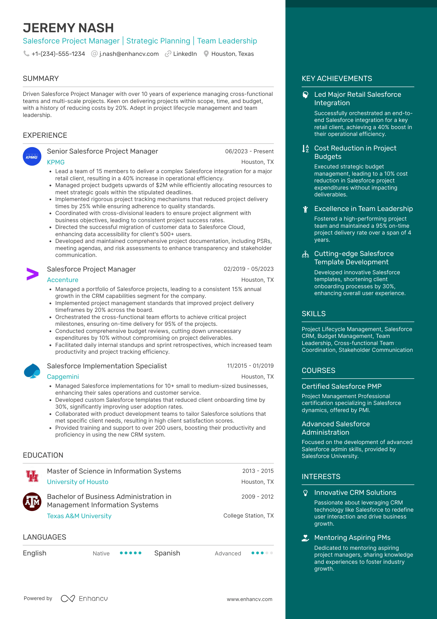 A two column resume template with a wider column for experience and a narrower, aqua colored column for your highlights.